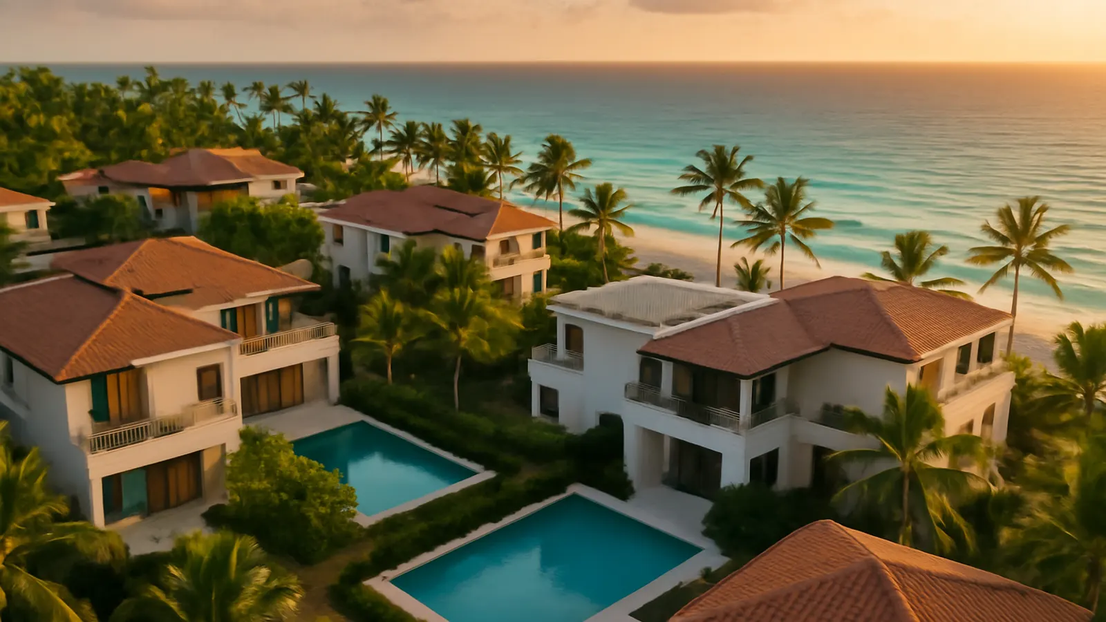 Vista aérea fotorealista de arquitectura residencial moderna de lujo en Punta Cana al atardecer, con palmeras, vegetación autóctona y piscinas infinity junto a la playa