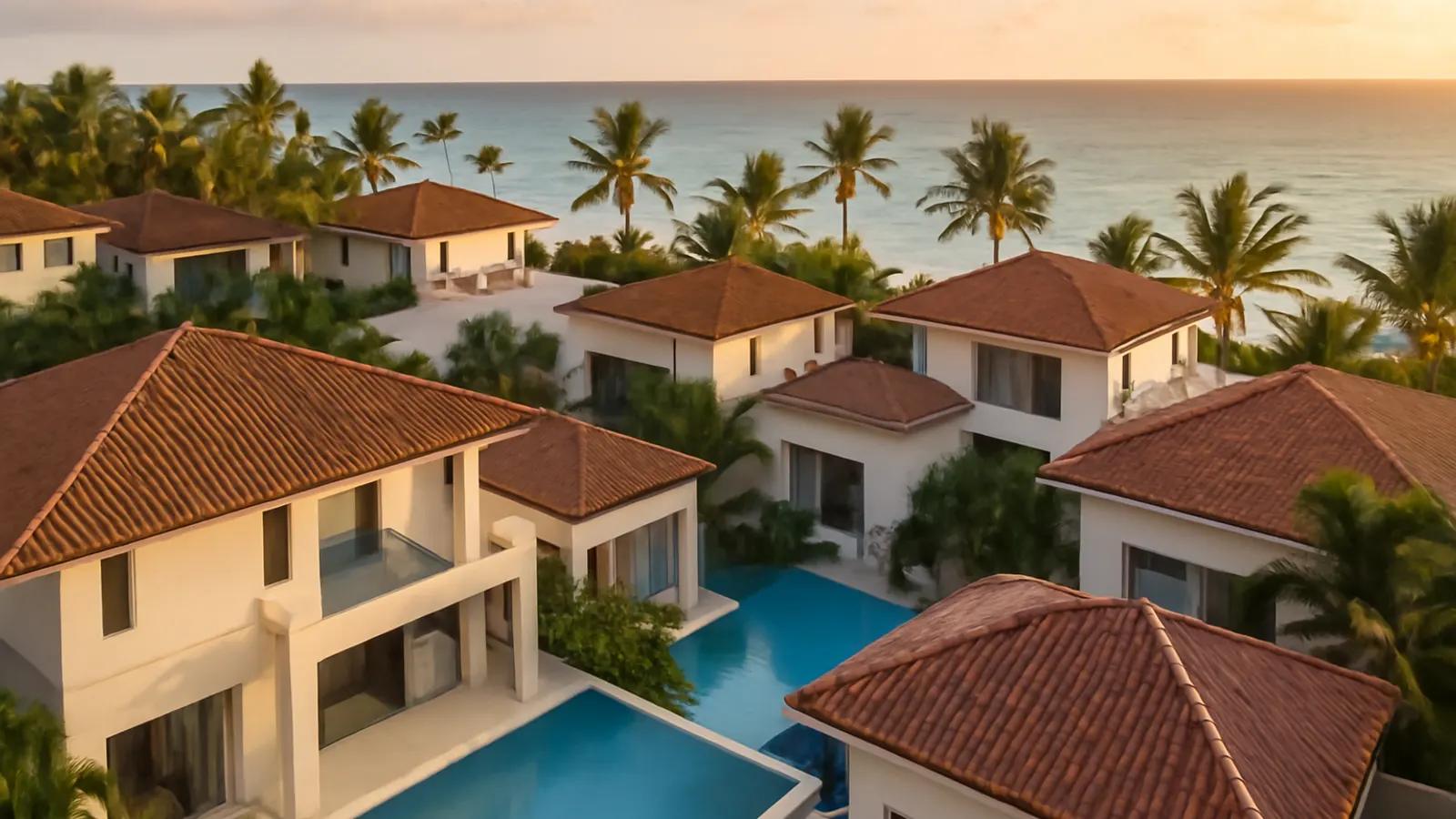 Vista aérea fotorealista de arquitectura residencial moderna de lujo en Punta Cana al atardecer con palmeras, piscina infinity y paleta de colores marfil, arena y turquesa