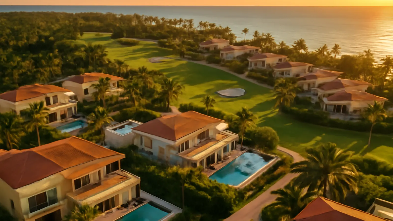 Photorealistic aerial view of a modern luxury residential community in a golf setting in Punta Cana at sunset, featuring ivory and terracotta architecture, turquoise ocean, and native vegetation