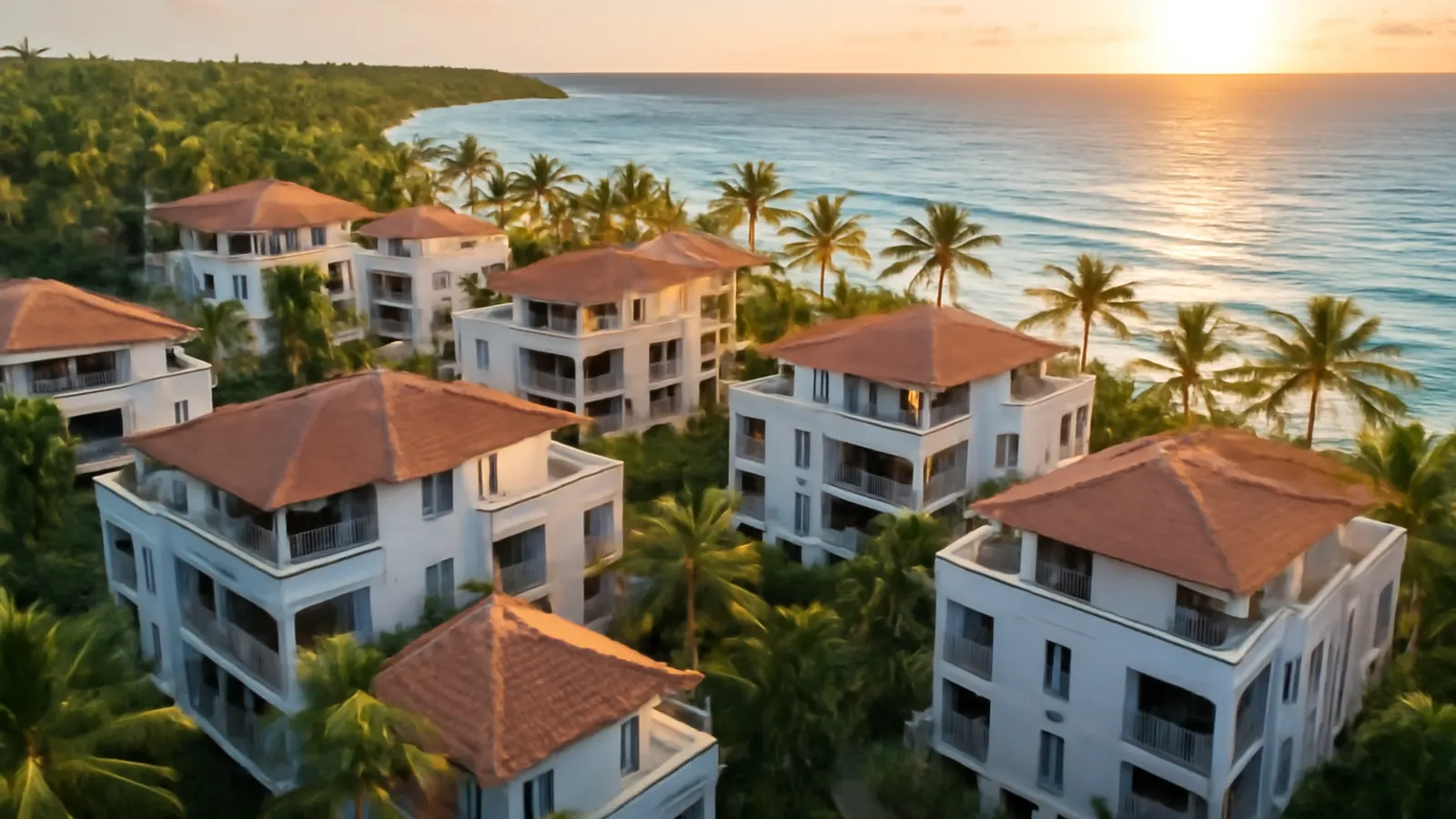 Vista aérea fotorealista de complejo residencial de lujo en Punta Cana al atardecer con arquitectura moderna y paleta marfil, arena y turquesa, destacando playa y vegetación autóctona