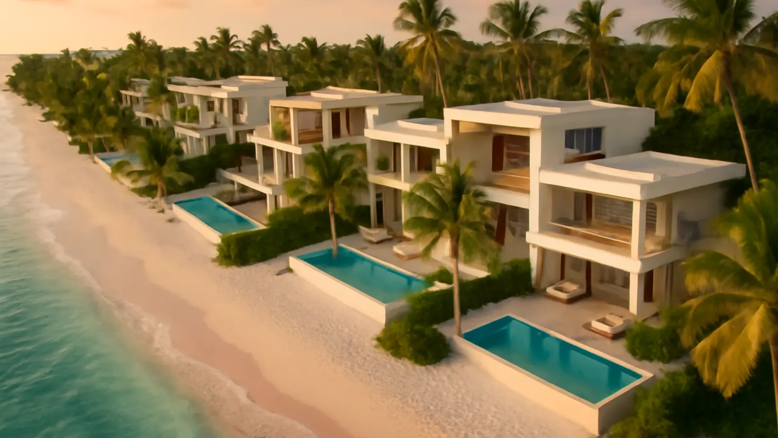 Vista aérea fotorealista al atardecer de arquitectura residencial moderna y lujo boutique en Punta Cana con playas de arena blanca y océano turquesa