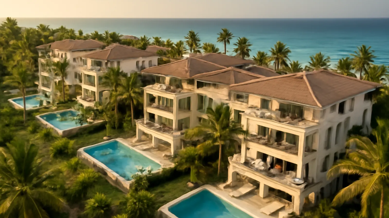 Vista aérea de complejo residencial de lujo moderno en Punta Cana al atardecer, con piscinas infinity, palmeras y océano turquesa, imagen ideal para comprar propiedad sin viajar a Punta Cana