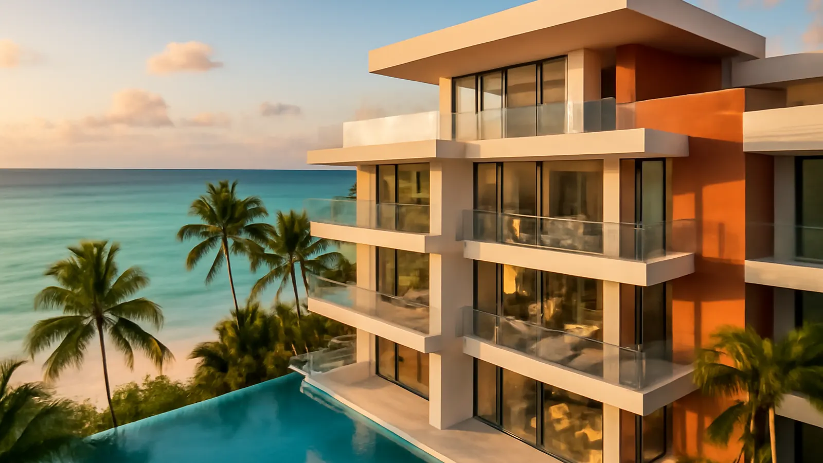 Apartamento de lujo en Punta Cana con arquitectura moderna, palmeras y piscina infinity al atardecer, imagen representativa de costes mantenimiento apartamento Punta Cana