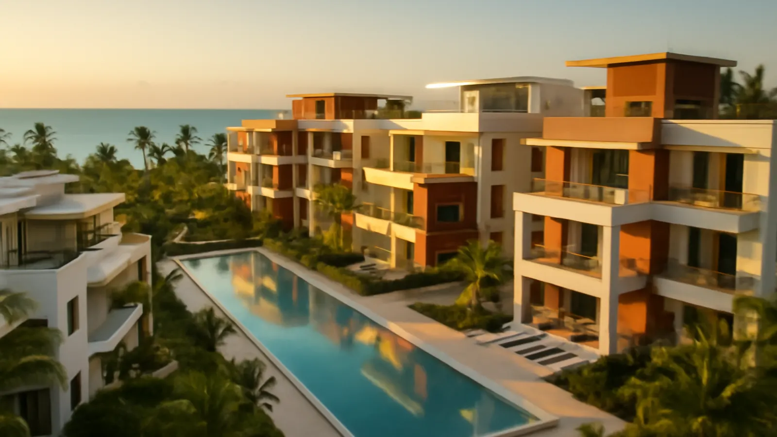 Vista aérea al atardecer de un complejo residencial moderno de lujo en Punta Cana con tonos marfil, terracota y océano turquesa, palmeras y vegetación autóctona