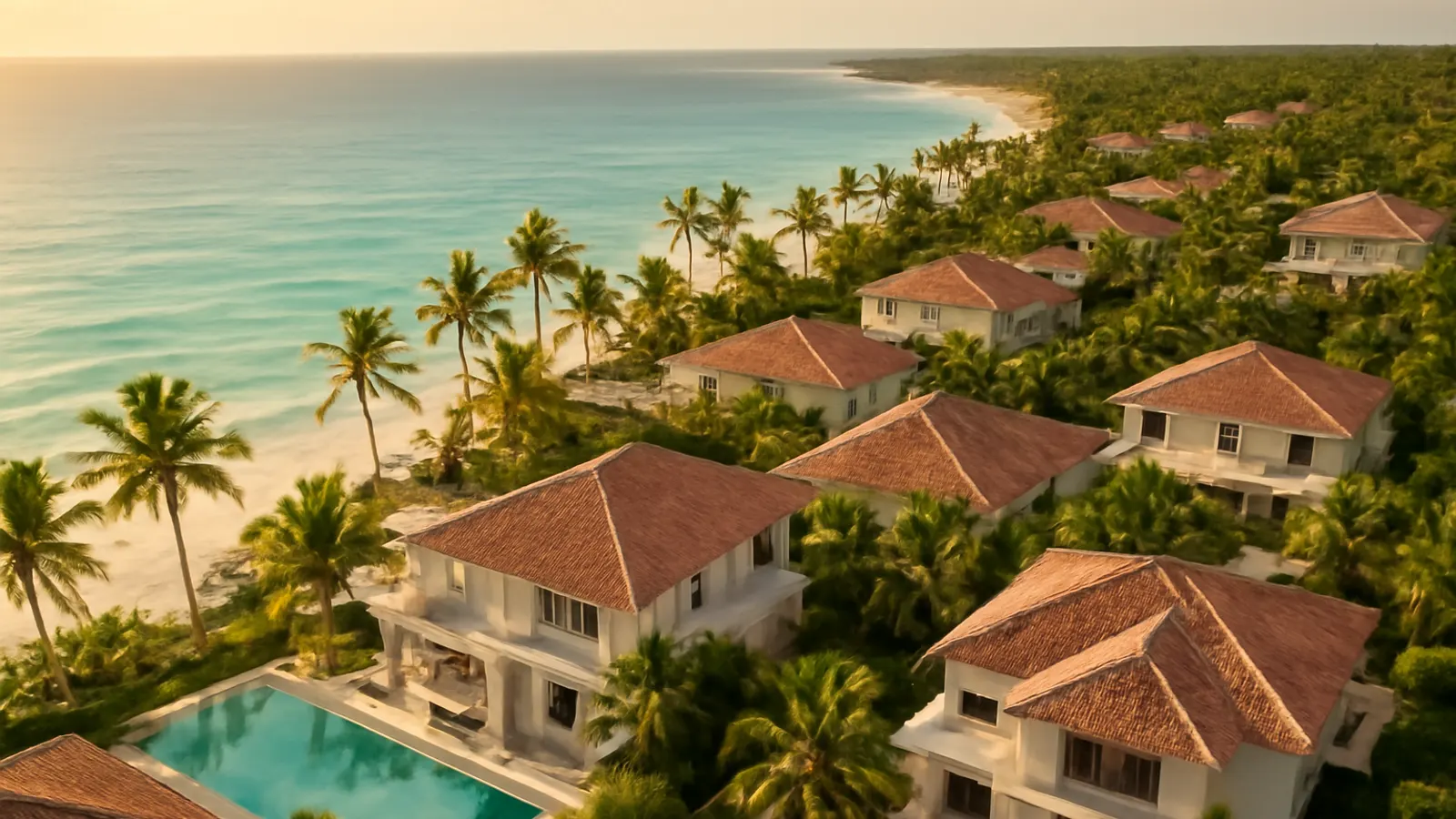 Vista aérea fotorealista de la costa de Punta Cana al atardecer, con arquitectura residencial moderna, palmeras autóctonas y piscina infinity, reflejando el mercado inmobiliario de Punta Cana