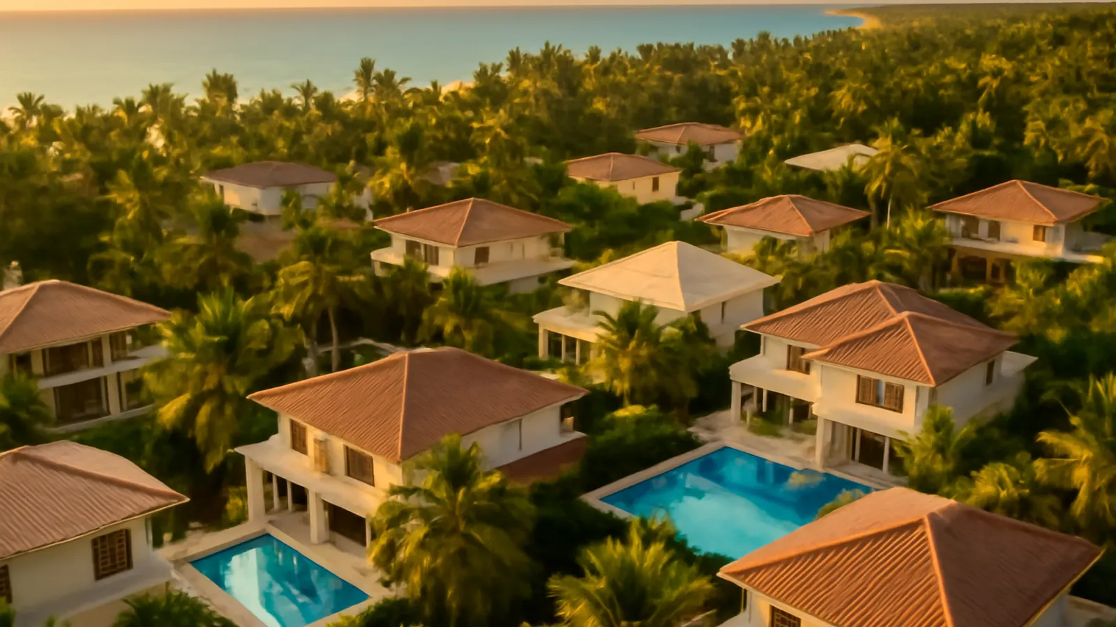 Vista aérea fotorealista de comunidad residencial moderna de lujo en Punta Cana al atardecer, con palmeras, vegetación autóctona y playas turquesas