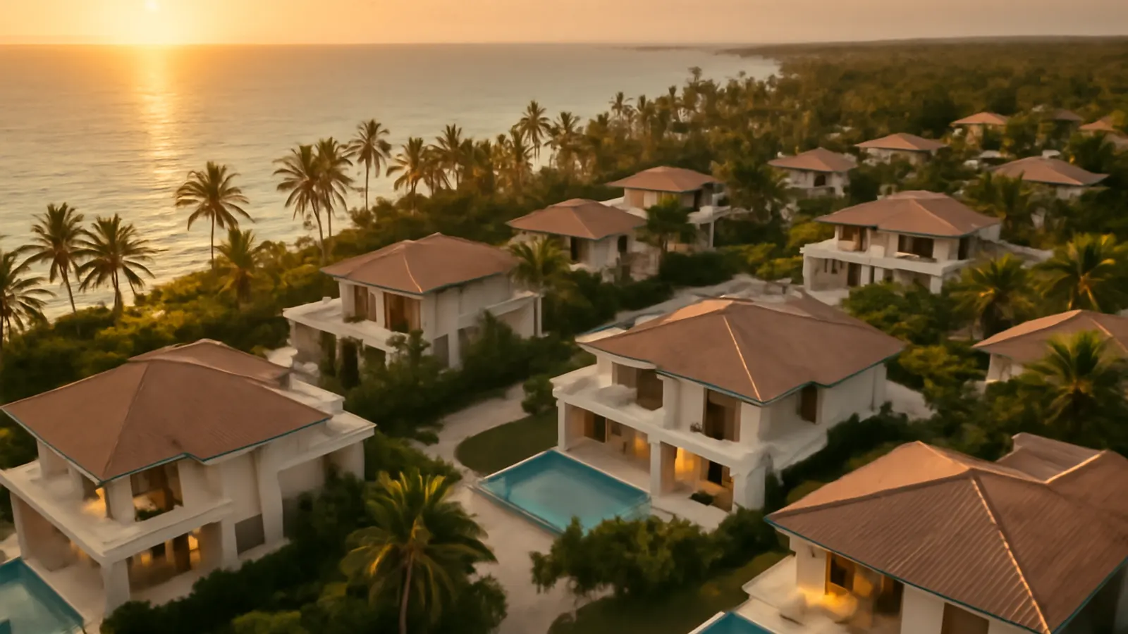 Vista aérea fotorealista al atardecer de una comunidad residencial moderna y de lujo en Punta Cana, con villas contemporáneas, palmeras autóctonas y piscinas infinity junto al océano turquesa
