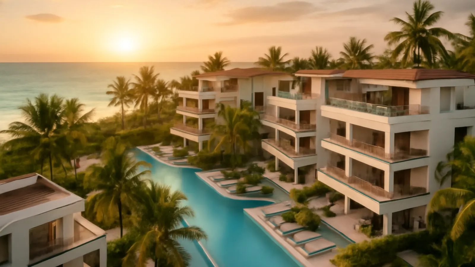 Vista aérea al atardecer de complejo residencial moderno de lujo en Punta Cana con piscinas infinity, palmeras y vegetación autóctona, océano turquesa y luz cálida