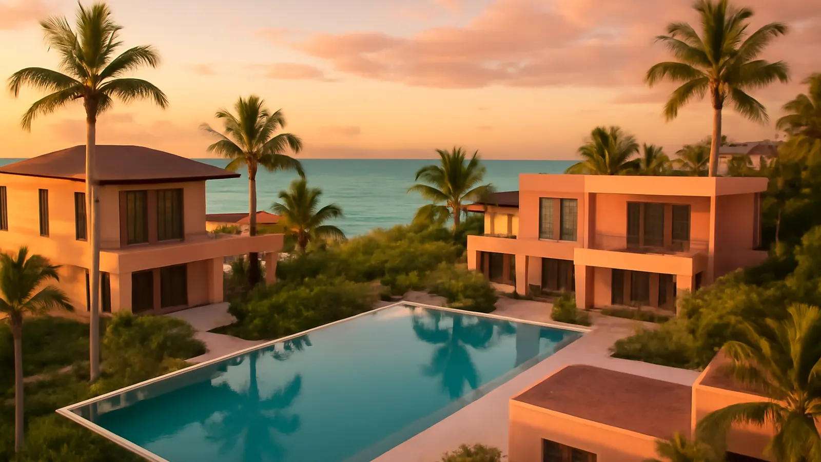 Vista aérea fotorealista de una arquitectura residencial moderna en Punta Cana con palmeras, piscina infinity y el océano turquesa al atardecer, imagen representativa de financiación para ciudadanos de EE.UU. y Canadá en República Dominicana