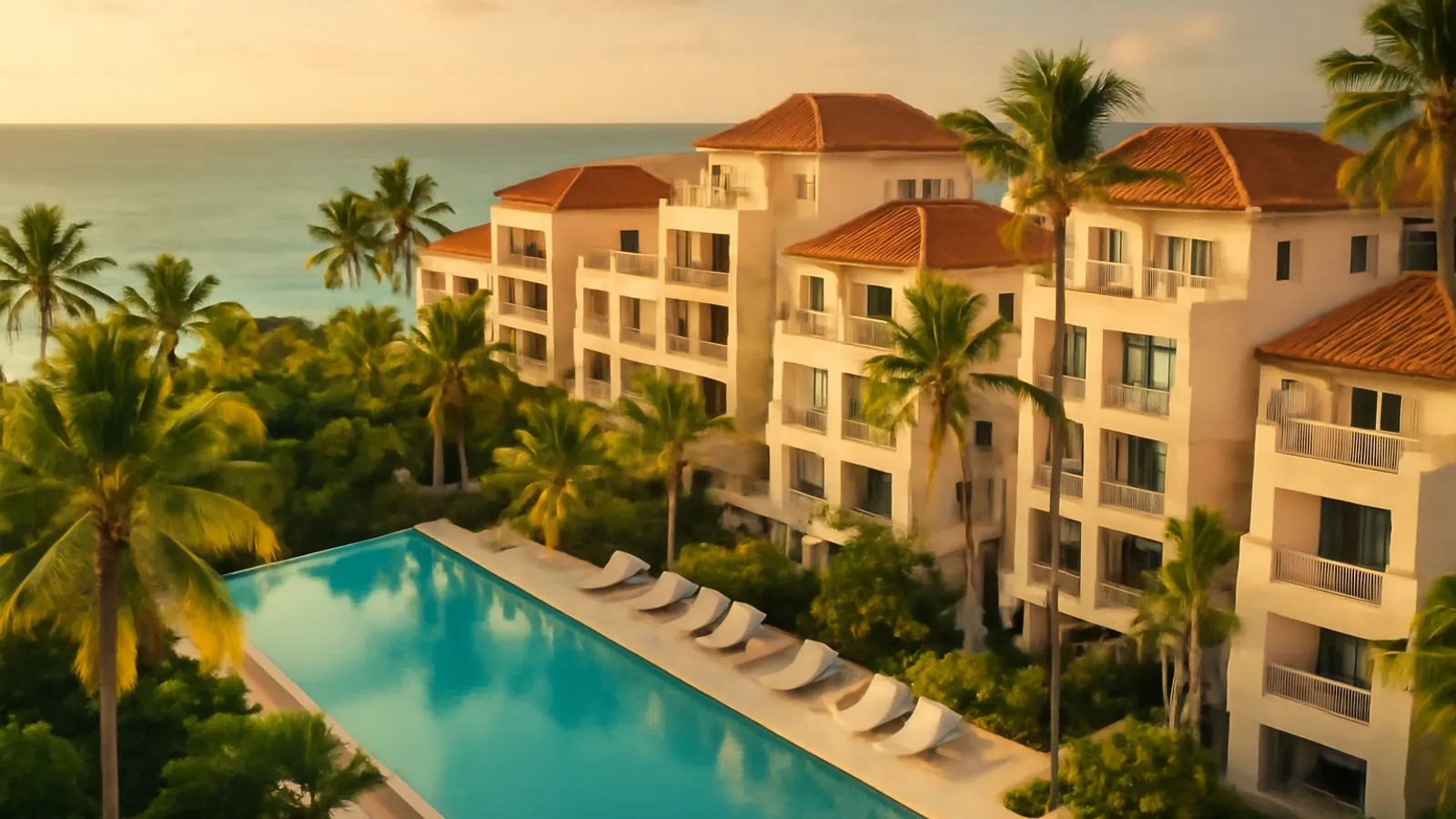Complejo residencial moderno de lujo en Punta Cana con luz cálida de atardecer, palmeras y piscina infinity junto al océano turquesa