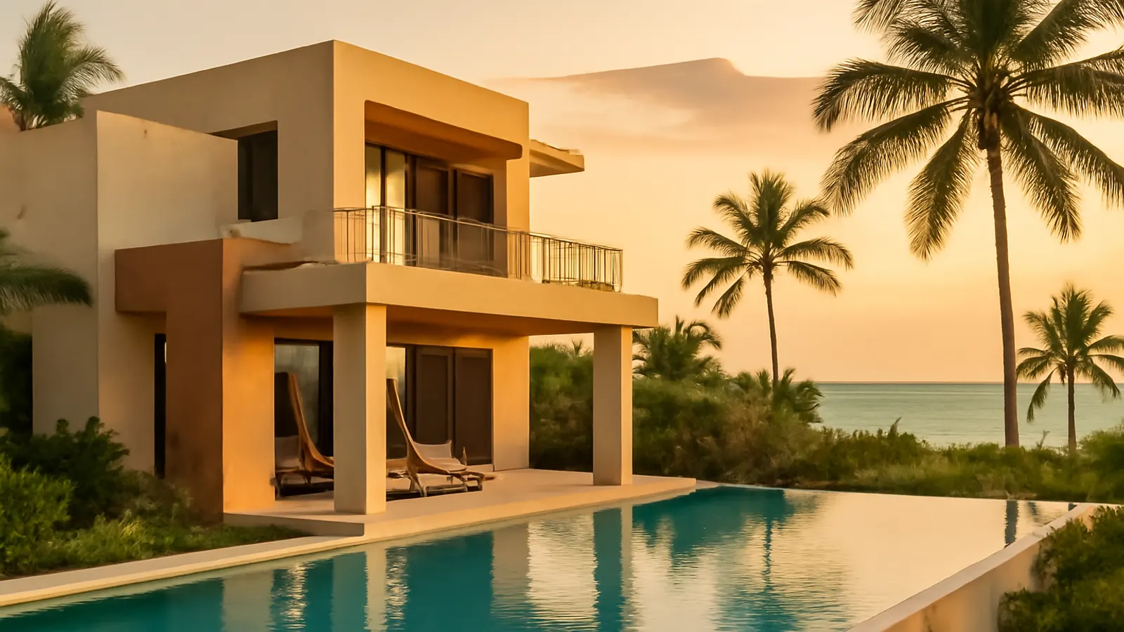 Villa residencial moderna de lujo en Punta Cana al atardecer con piscina infinity y palmeras, imagen representativa para financiación de compradores internacionales