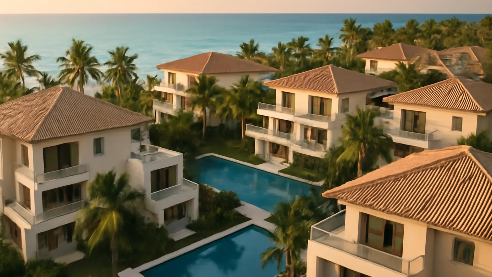 Vista aérea de complejo residencial moderno de lujo en Punta Cana al atardecer, con palmeras, piscinas infinity y océano turquesa, imagen representativa de financiación para no residentes en República Dominicana