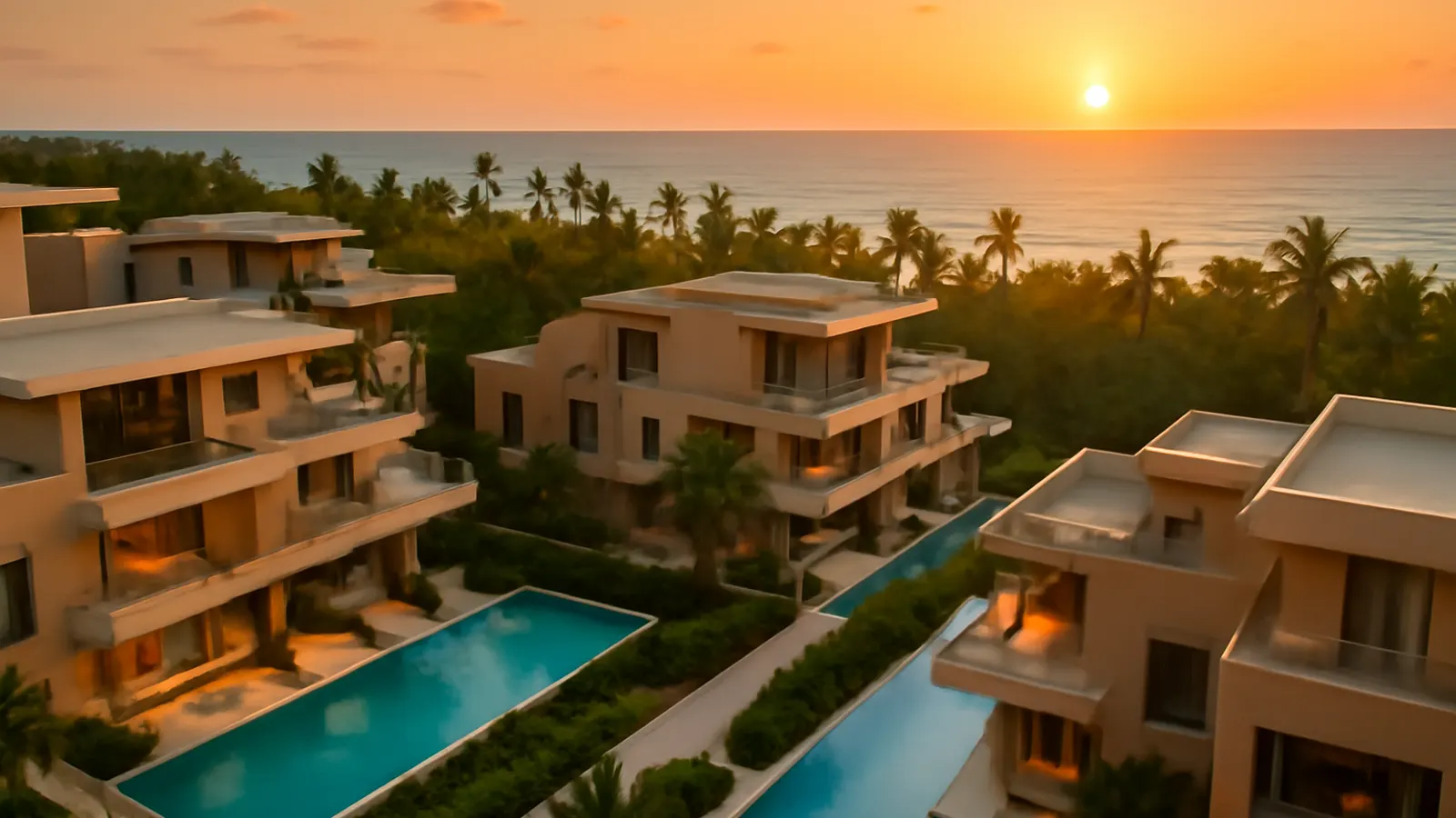 Vista aérea fotorealista de complejo residencial moderno y lujoso en Punta Cana al atardecer, con palmeras, vegetación autóctona, piscinas infinity y océano turquesa de fondo