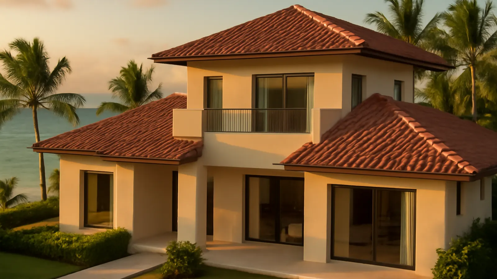Villa residencial moderna en Punta Cana al atardecer con palmeras y océano turquesa, imagen representativa de la fiscalidad inmobiliaria en Punta Cana