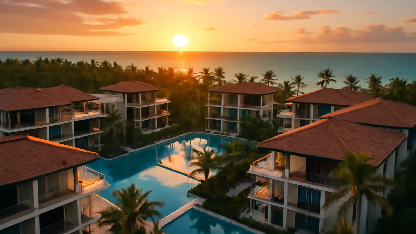 Vista aérea de complejo residencial de lujo moderno en Punta Cana al atardecer con luz cálida, océano turquesa y palmeras