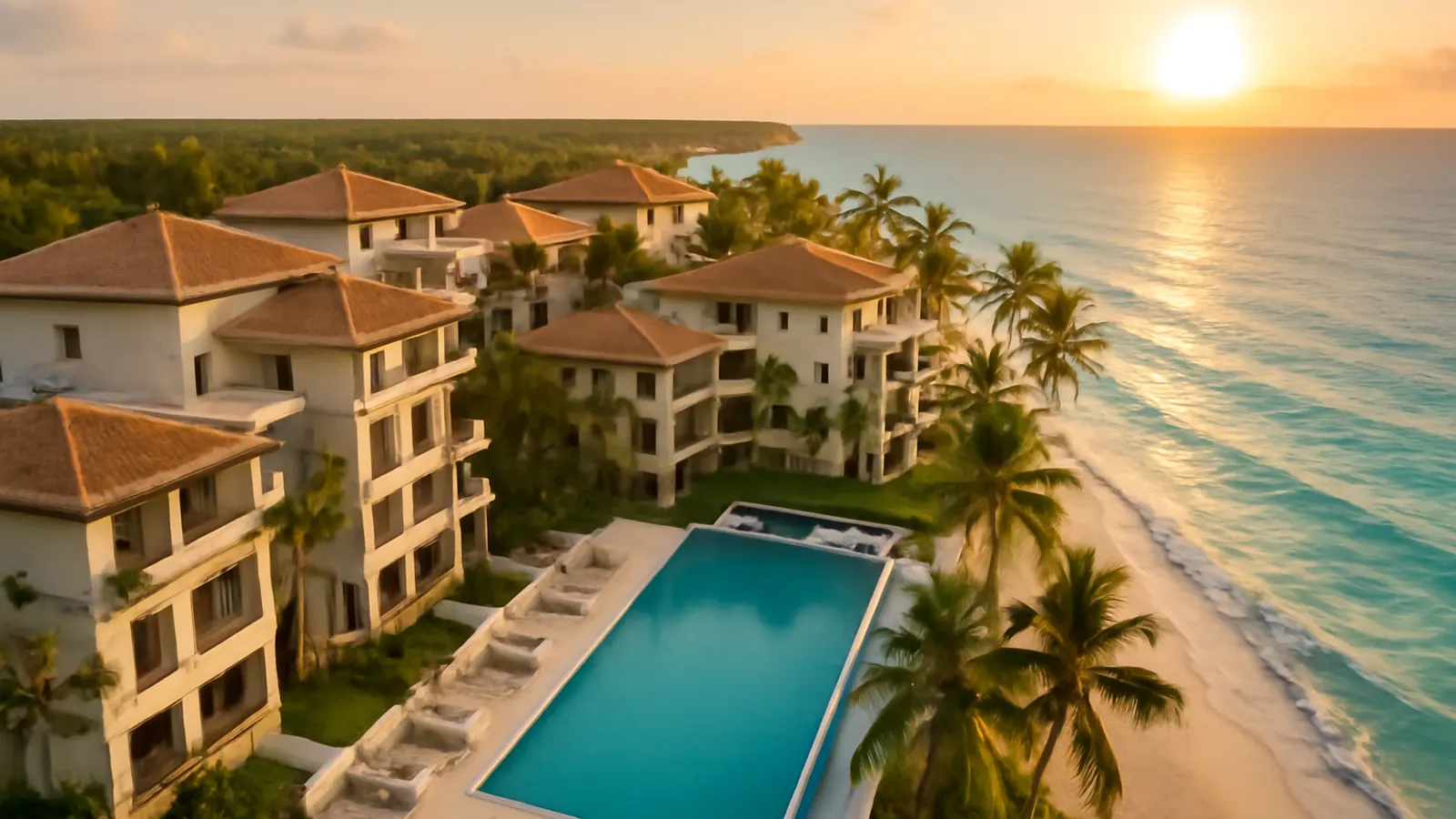 Vista aérea fotorealista de un complejo residencial moderno de lujo en Punta Cana al atardecer, con palmeras, tonos marfil y terracota, piscina infinity y playa turquesa, gestión inmobiliaria en Punta Cana