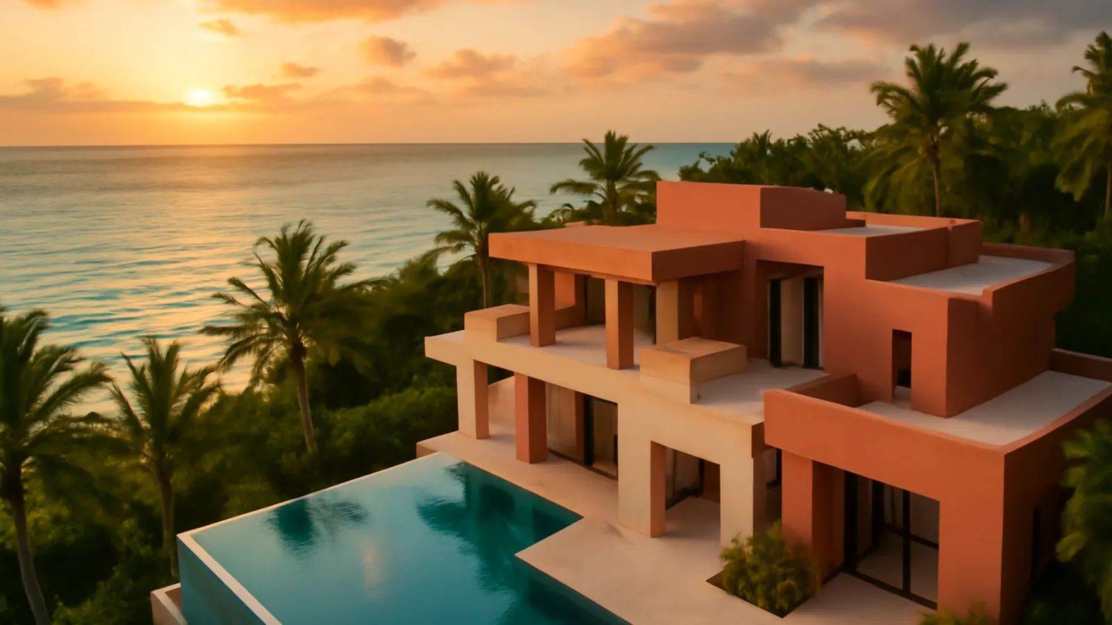 Villa residencial moderna de lujo en Punta Cana con luz cálida de atardecer, palmeras y piscina infinity junto al océano turquesa