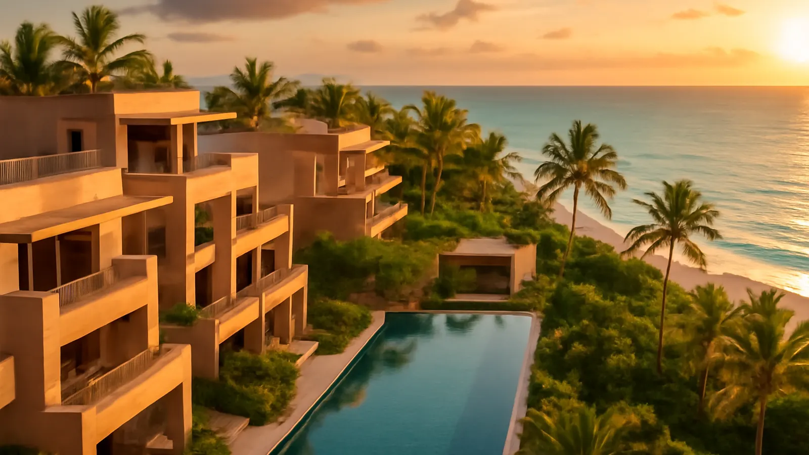 Vista aérea fotorealista de arquitectura residencial moderna en Punta Cana al atardecer con tonos turquesa del océano y vegetación autóctona, imagen representativa de inmobiliaria boutique de lujo