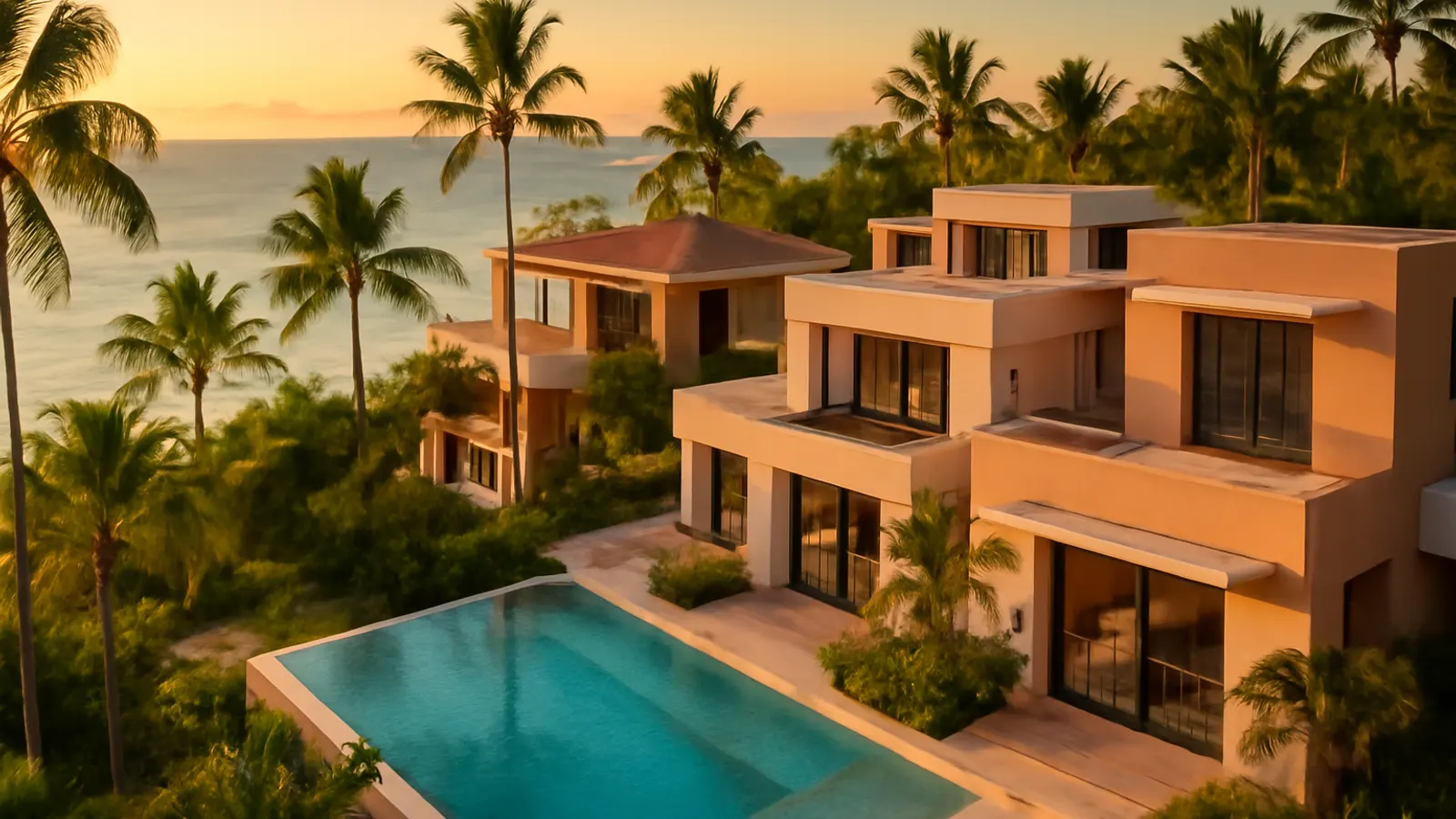 Vista aérea fotorealista de arquitectura residencial moderna en Punta Cana con luz cálida de atardecer, palmeras y piscina infinity, imagen representativa de la compra inmobiliaria en Punta Cana