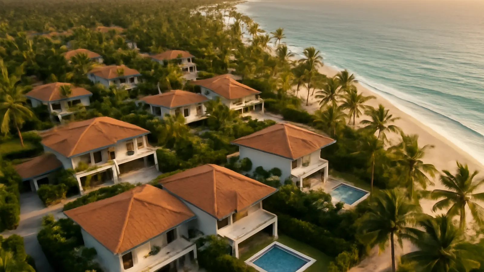 Vista aérea al atardecer de una zona residencial de lujo en Punta Cana con arquitectura moderna, palmeras autóctonas y playas de arena blanca, imagen ideal para inversión inmobiliaria en Punta Cana