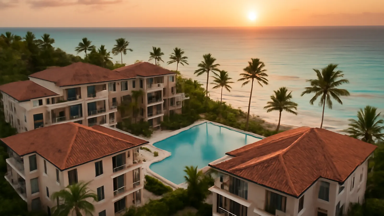 Vista aérea de un condominio residencial moderno y de lujo en Punta Cana al atardecer, con luz cálida, palmeras, piscina infinity y océano turquesa, representando la normativa de alquiler vacacional en Punta Cana