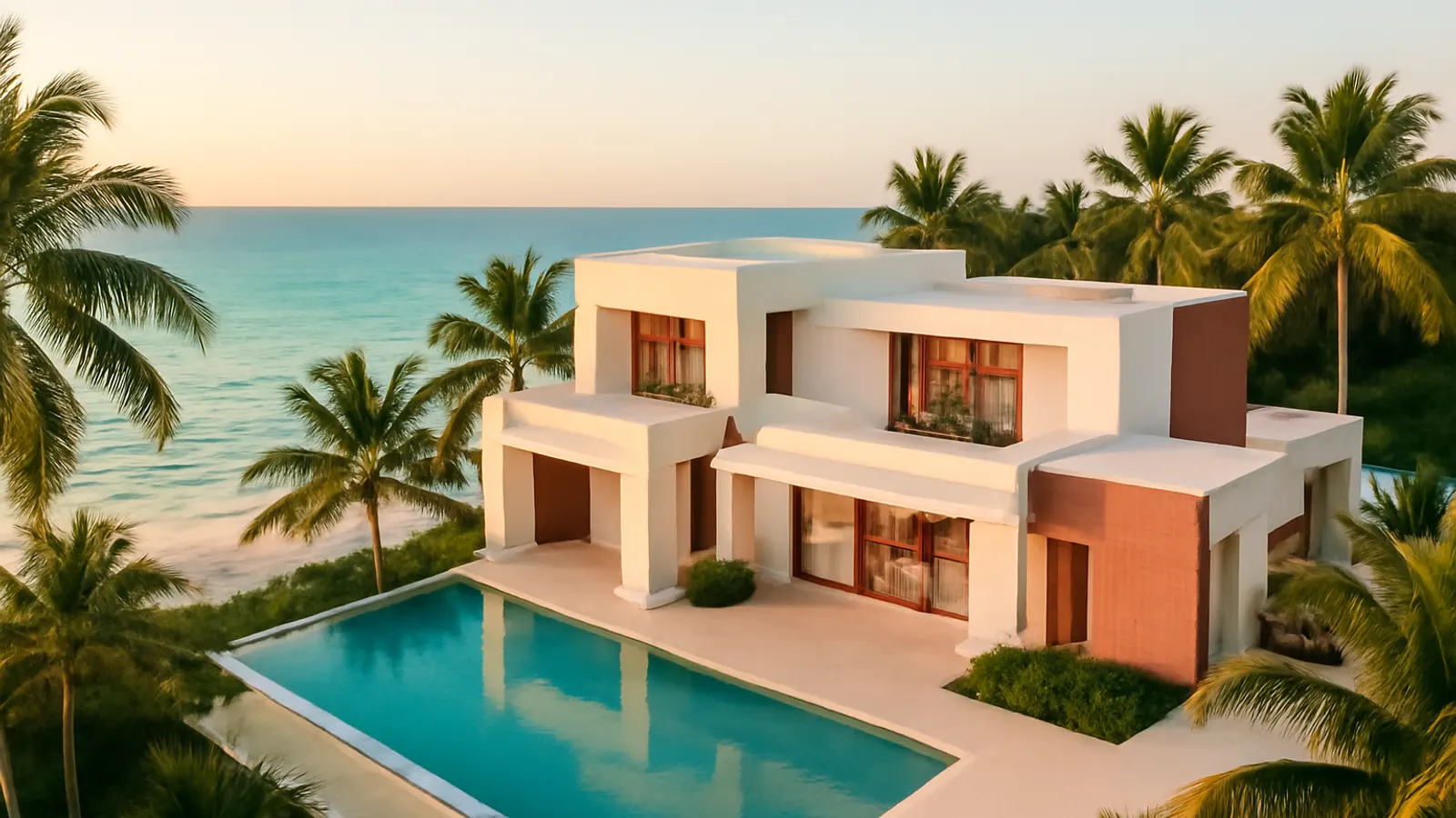 Vista aérea fotorealista de villa residencial moderna de lujo en Punta Cana al atardecer con piscina infinity y palmeras, optimización de alquiler vacacional en Punta Cana