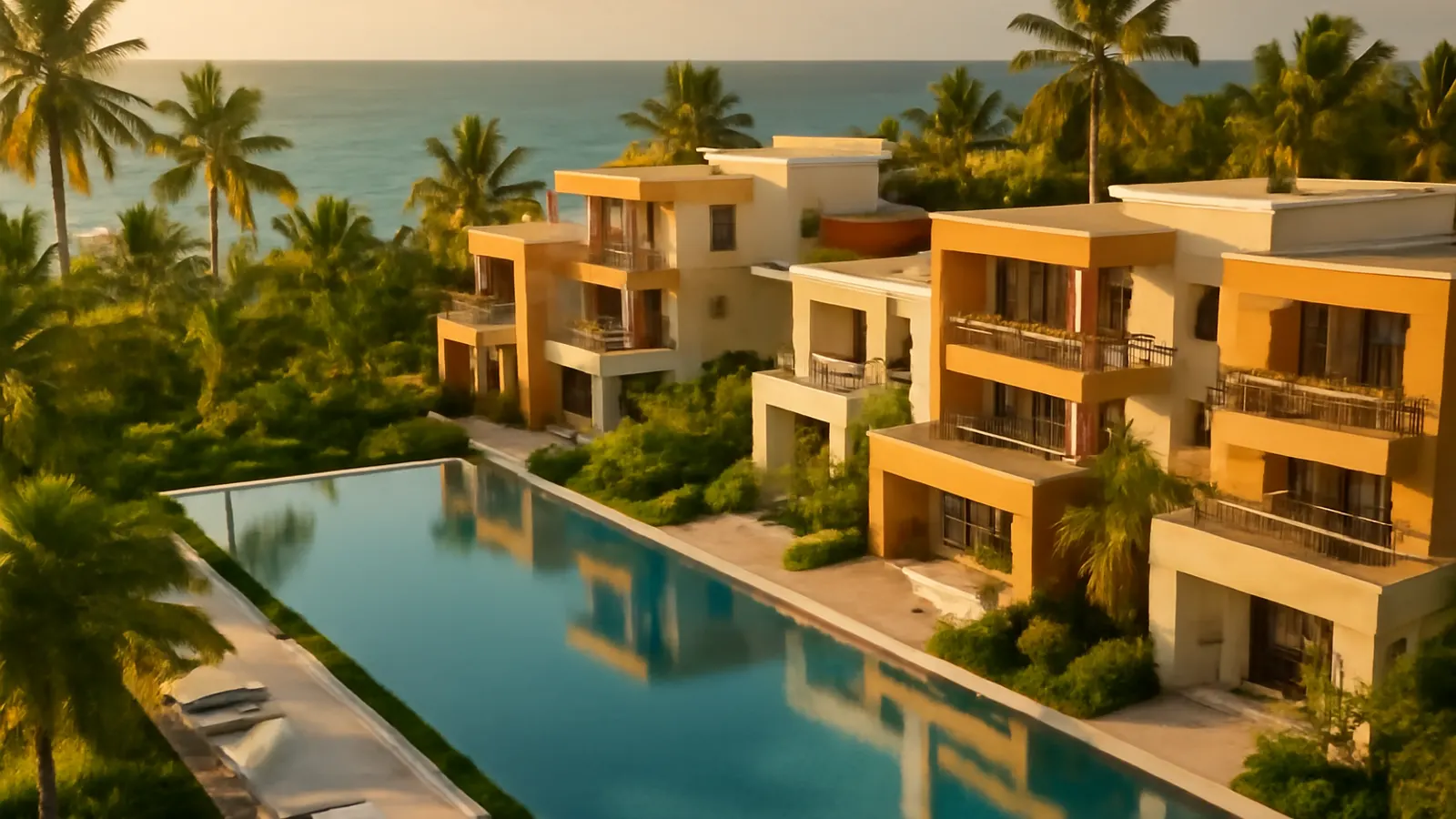 Complejo residencial moderno de lujo en Punta Cana con piscina infinity y palmeras al atardecer, imagen aérea que refleja la arquitectura caribeña y la playa cercana