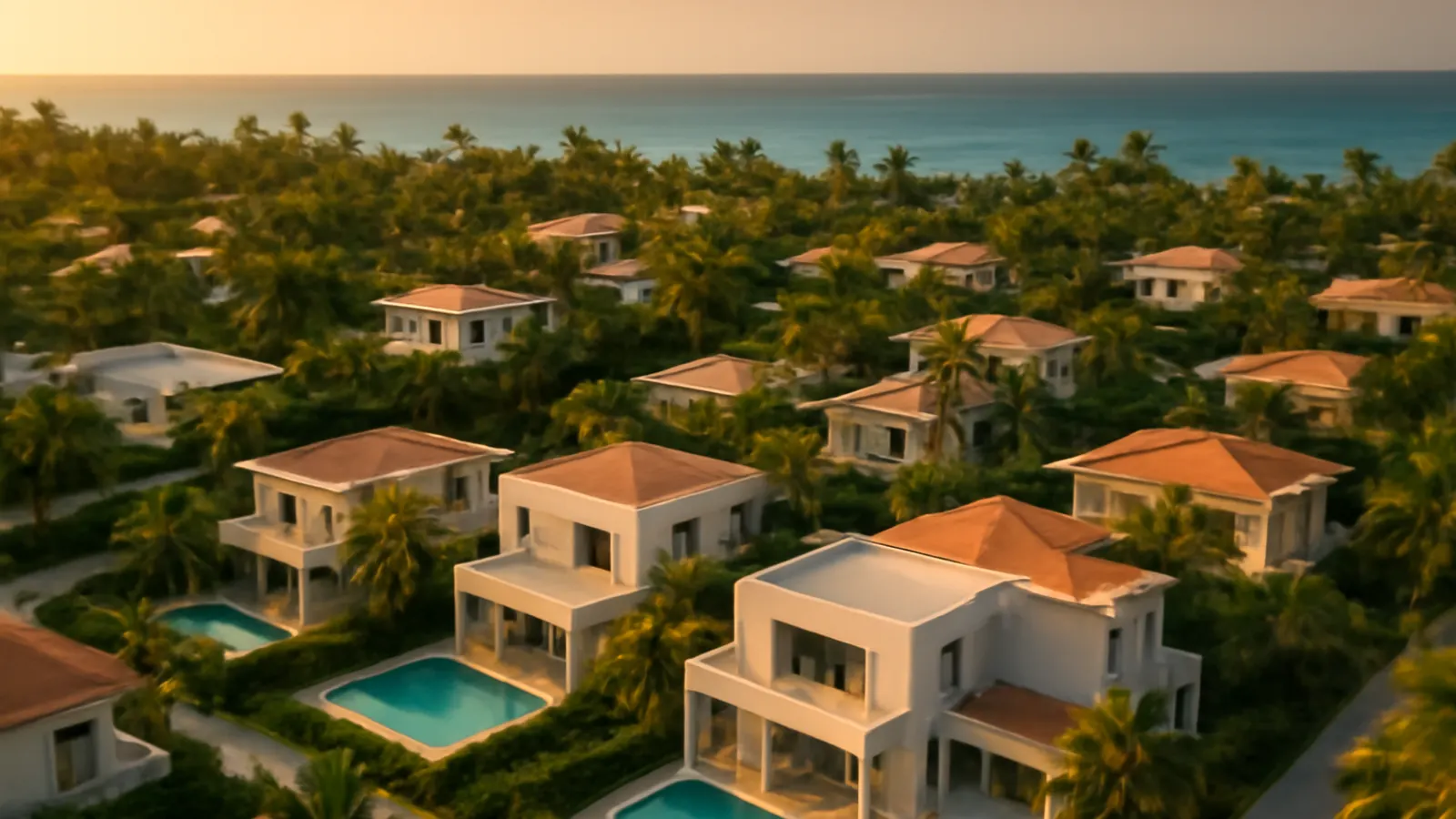 Vista aérea fotorealista al atardecer de la comunidad residencial moderna en Punta Cana Village con palmeras y piscina infinity, destacando el entorno caribeño exclusivo