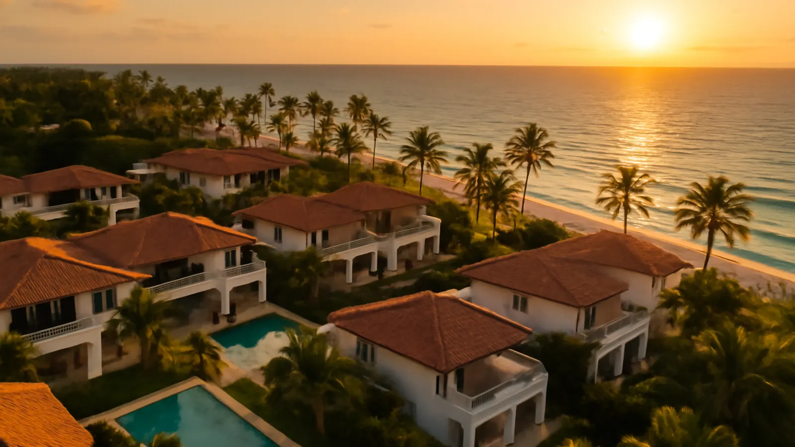 Vista aérea fotorealista de una comunidad residencial moderna y de lujo en Punta Cana al atardecer, con palmeras, piscinas infinity y el océano turquesa al fondo