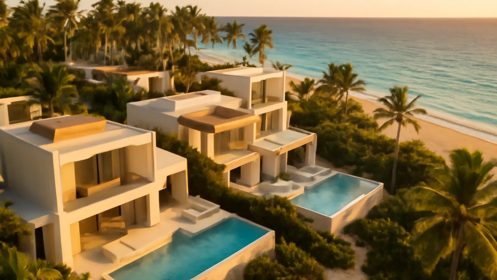 Vista aérea de villas residenciales modernas de lujo en Punta Cana al atardecer, con piscinas infinity, palmeras y playa de arena blanca con océano turquesa, imagen ideal para rentabilidad alquiler vacacional Punta Cana