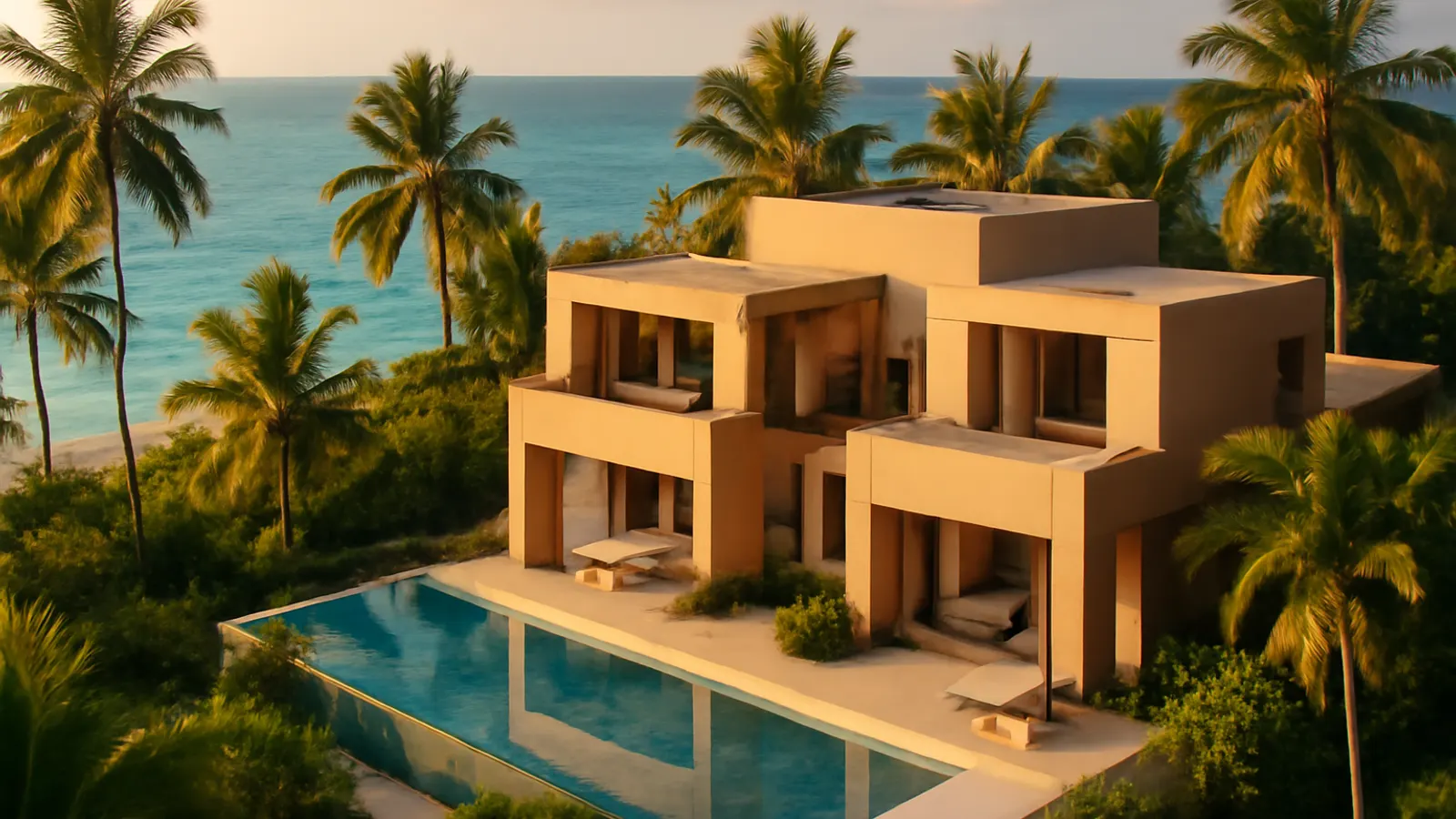 Villa de lujo moderna en primera línea de playa en Punta Cana al atardecer, con palmeras y piscina infinity, imagen representativa para reportes fiscales compradores EE.UU. Punta Cana