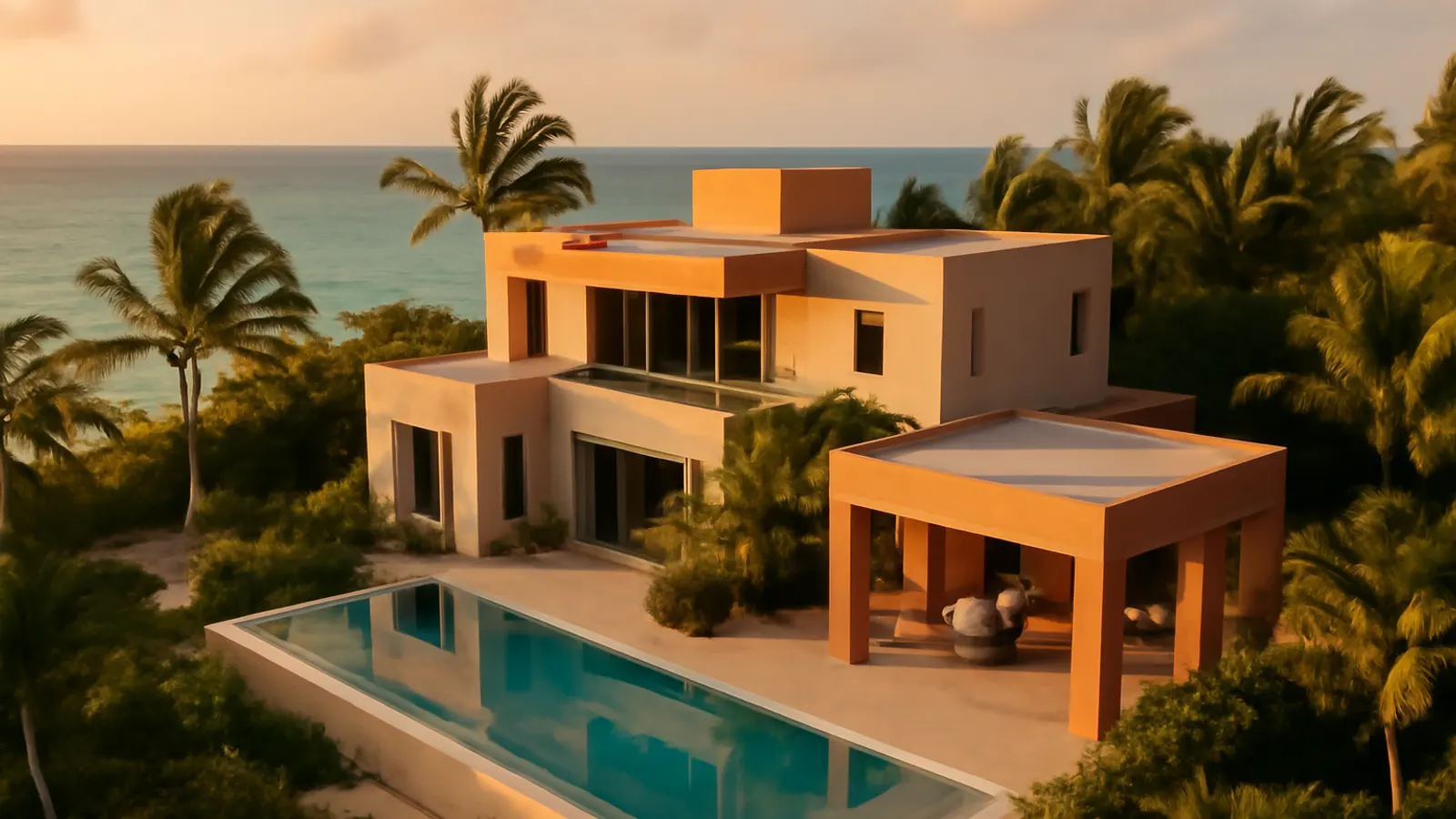 Villa residencial moderna de lujo en Punta Cana al atardecer con piscina infinity y vistas al océano turquesa, palmeras y vegetación autóctona, imagen editorial para propietario estadounidense en República Dominicana