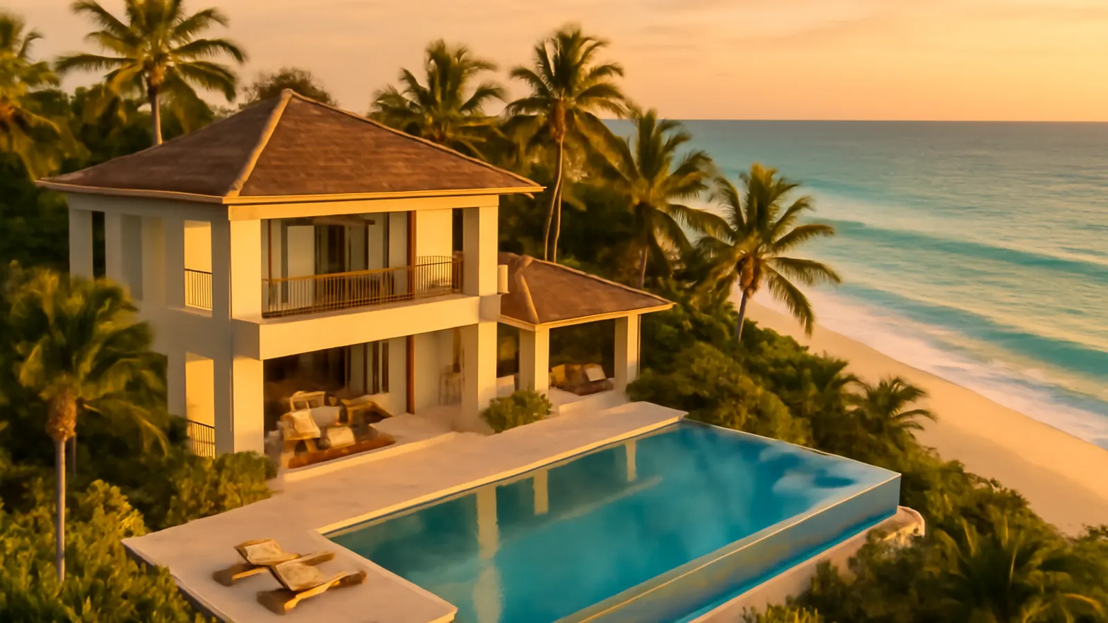 Villa residencial de lujo en Punta Cana al atardecer, con piscina infinity y vegetación tropical, imagen representativa de residencia por inversión inmobiliaria en República Dominicana