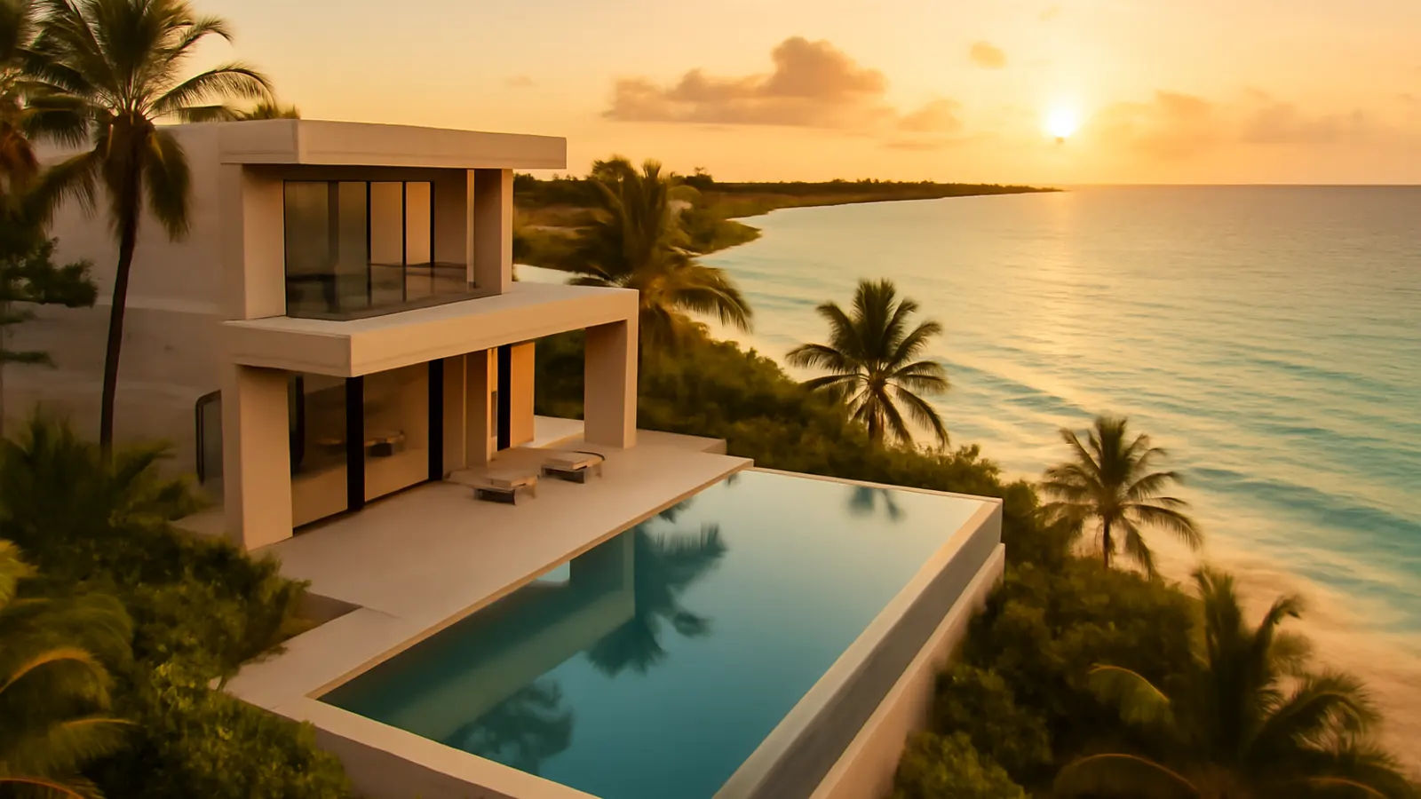 Villa residencial de lujo moderna en Punta Cana al atardecer con piscina infinity y vistas al océano turquesa, rodeada de palmeras y vegetación autóctona