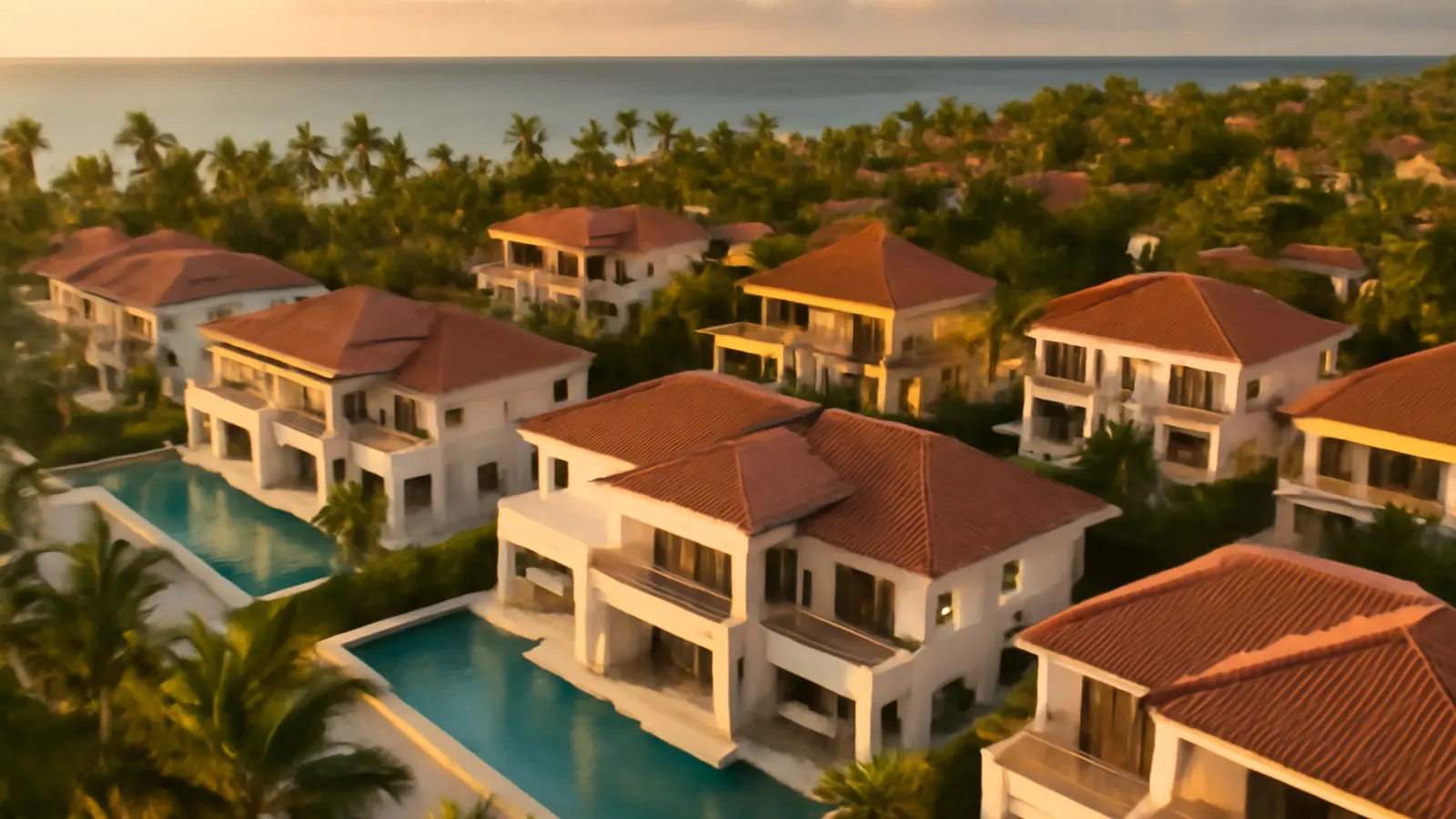 Vista aérea de un complejo residencial de lujo en Punta Cana al atardecer con arquitectura moderna y palmeras, destacando la inmobiliaria en Punta Cana