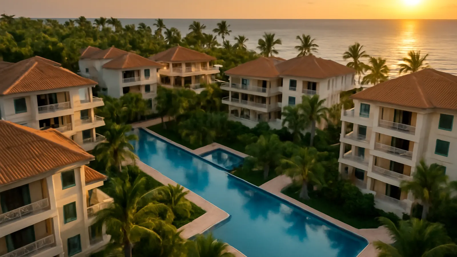 Vista aérea fotorealista de complejo residencial de lujo en Punta Cana al atardecer con piscina infinity y palmeras, servicio inmobiliario Punta Cana
