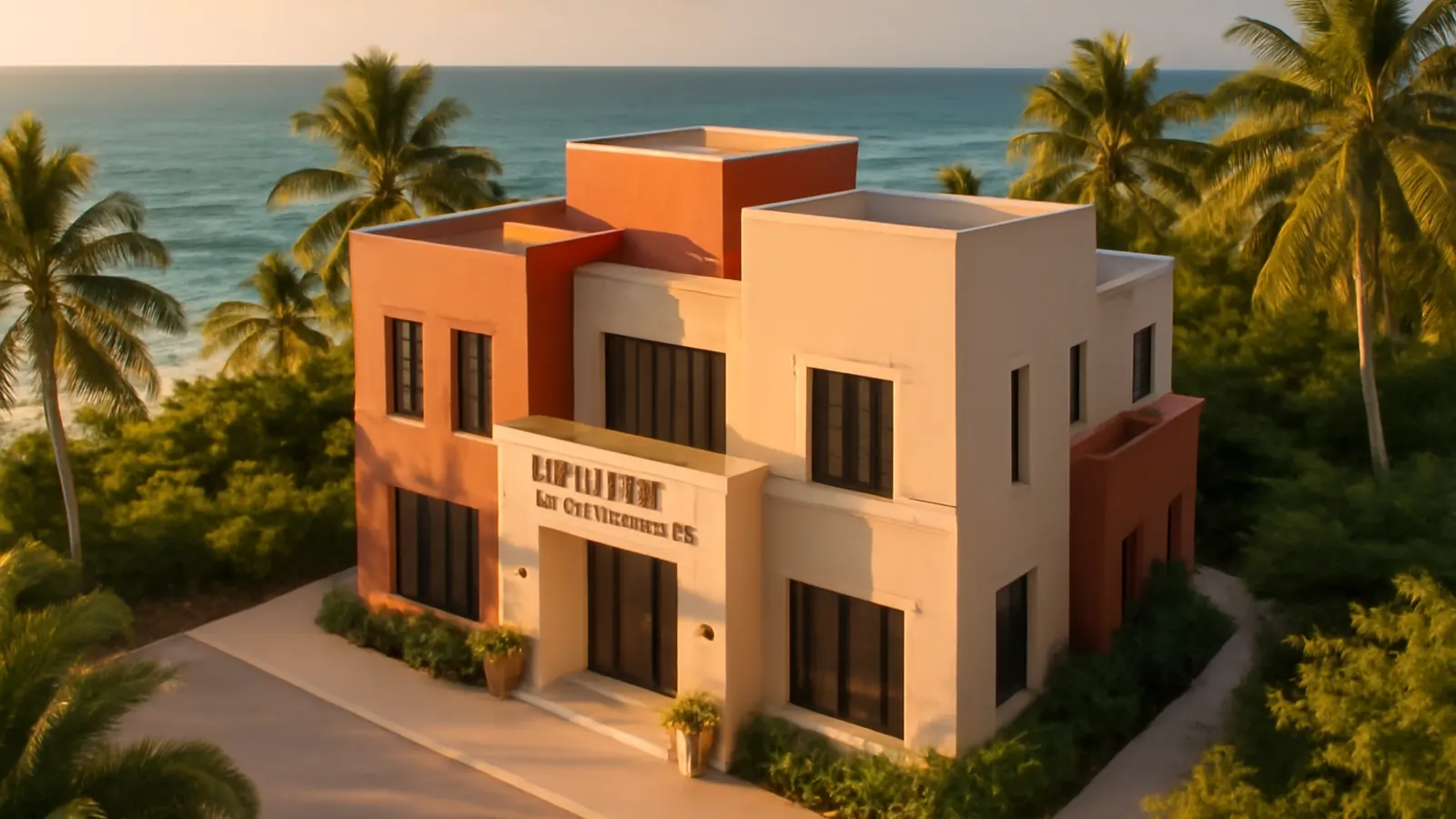 Oficina inmobiliaria boutique de lujo en Punta Cana con arquitectura moderna y paleta de colores marfil, terracota y turquesa, al atardecer con palmeras y vegetación autóctona