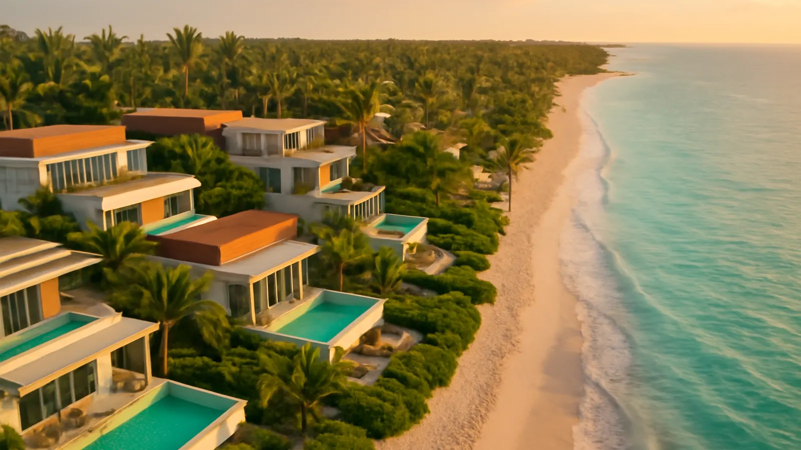 Vista aérea al atardecer de la costa de Punta Cana con arquitectura residencial moderna de lujo, piscinas infinity, palmeras y vegetación autóctona, playas y océano turquesa