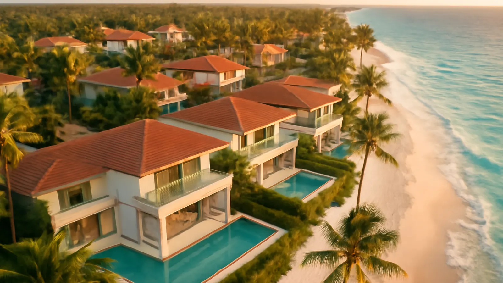 Vista aérea de una comunidad residencial de lujo moderna en Punta Cana con luz cálida de atardecer, playas turquesa y palmeras, representando inversión inmobiliaria en Punta Cana