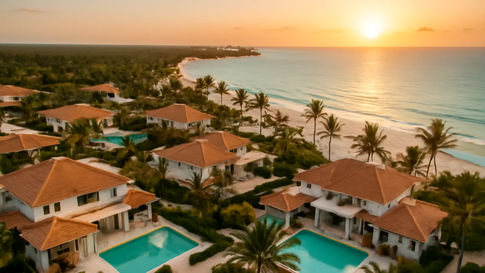 Vista aérea fotorealista de comunidad residencial de lujo en Cap Cana Punta Cana al atardecer con palmeras, vegetación autóctona, playas turquesas y piscinas infinity