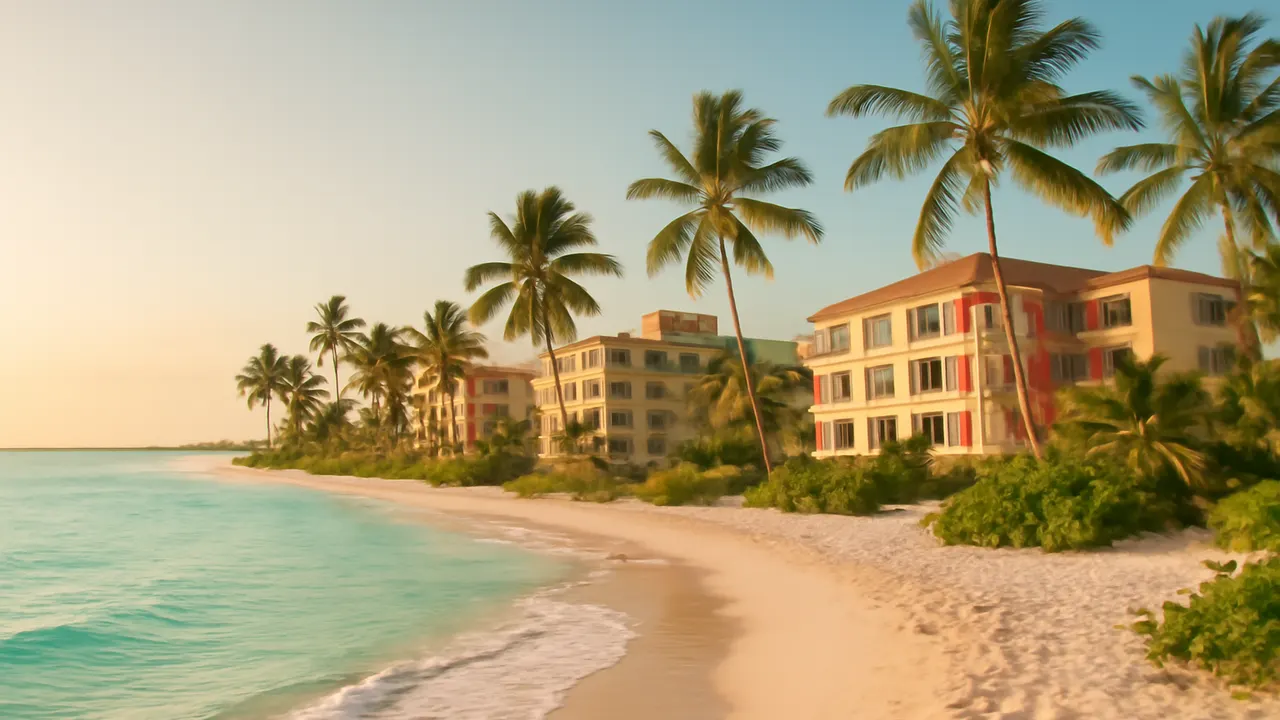Playa tranquila en Punta Cana con arquitectura residencial moderna y vegetación autóctona en tonos marfil y terracota, luz cálida de atardecer