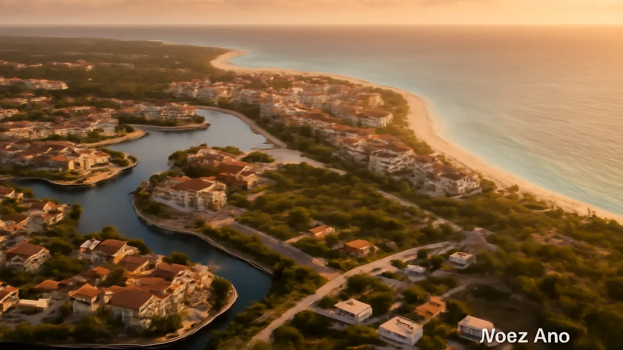 Vista aérea al atardecer de las zonas residenciales Cap Cana, Bávaro y Uvero Alto en Punta Cana, mostrando arquitectura moderna y vegetación autóctona con paleta terracota y turquesa