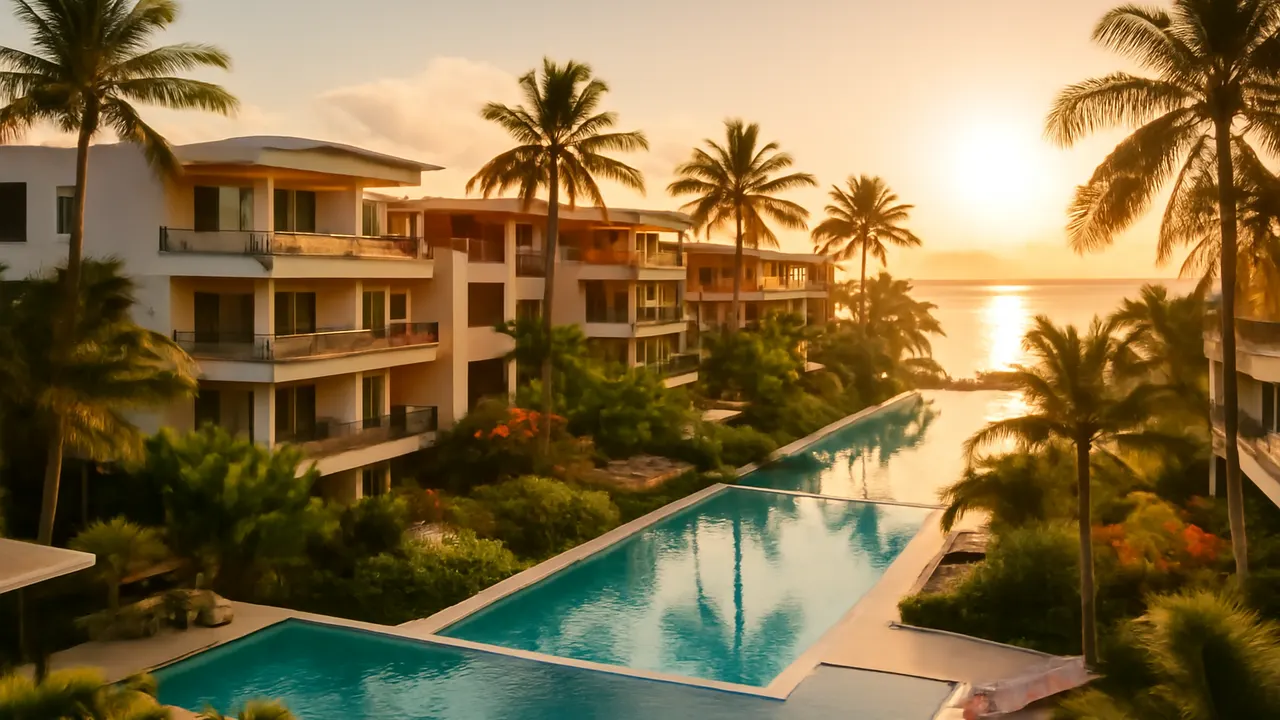 Complejo residencial de lujo moderno en Punta Cana con piscinas infinity y vegetación autóctona al atardecer
