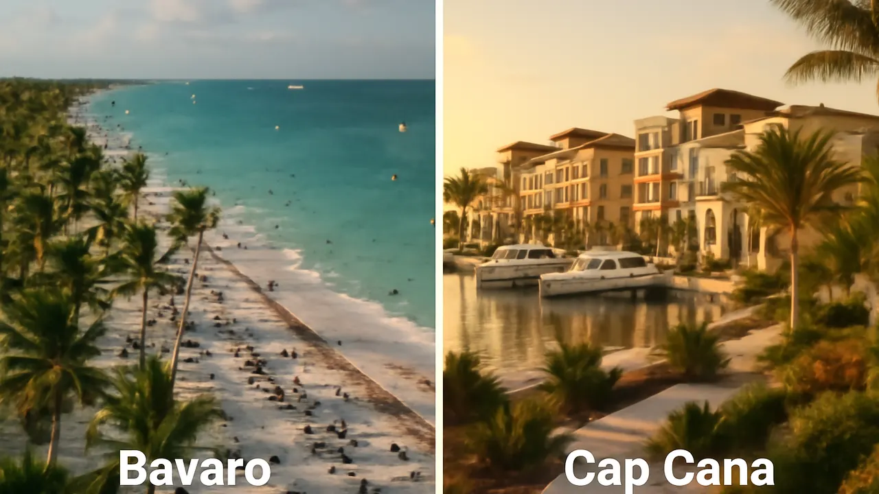Comparativa visual entre Bavaro y Cap Cana en Punta Cana con arquitectura residencial y ambiente tropical al atardecer