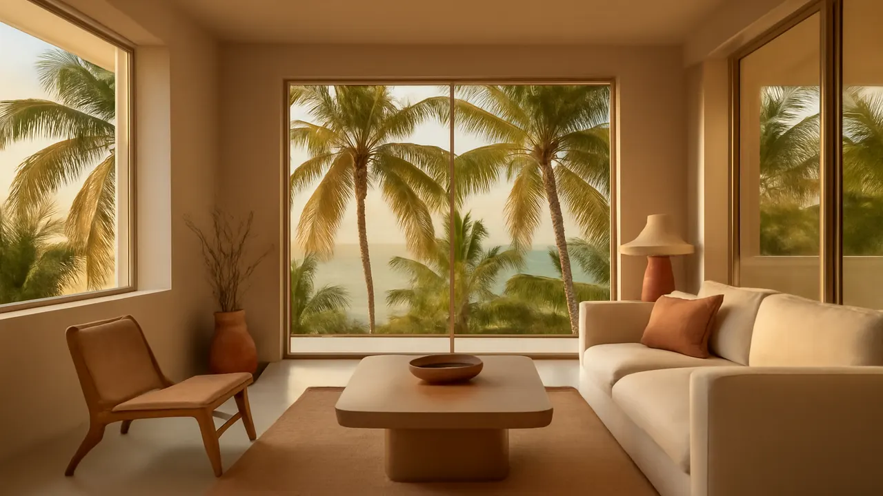 Interior sereno y moderno de vivienda caribeña con luz cálida y decoración en tonos marfil y terracota, ideal para explicar el proceso de compra sin viajar a Punta Cana