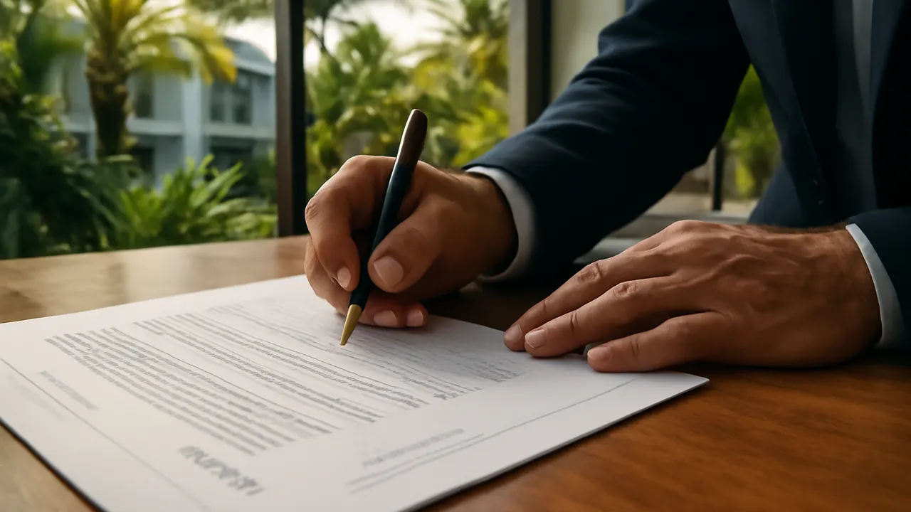 Firma de documentos legales en un entorno moderno y tropical, representando el uso del poder notarial para compra inmobiliaria en República Dominicana