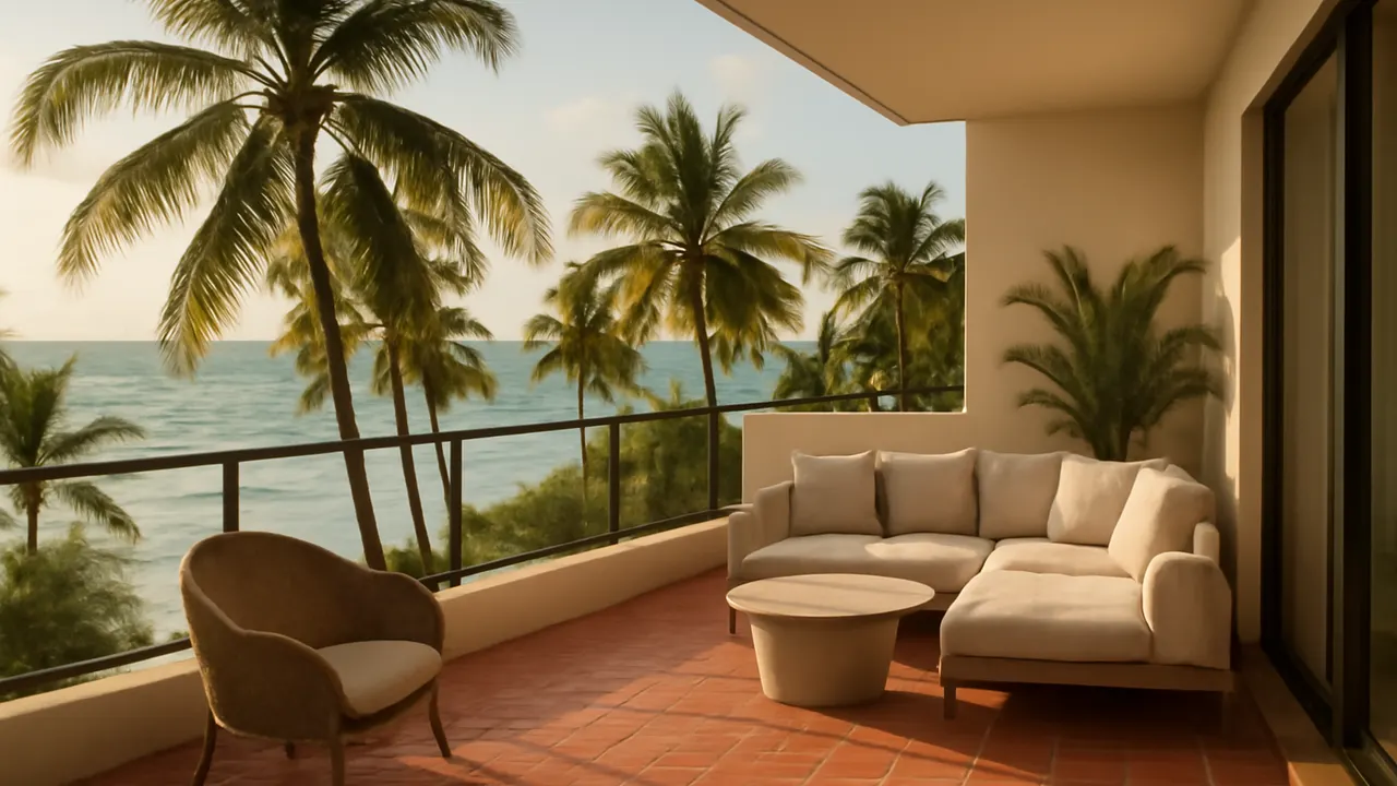 Terraza de apartamento en Punta Cana con vista al mar y vegetación autóctona, ilustrando principales costes de mantenimiento de un apartamento en Punta Cana