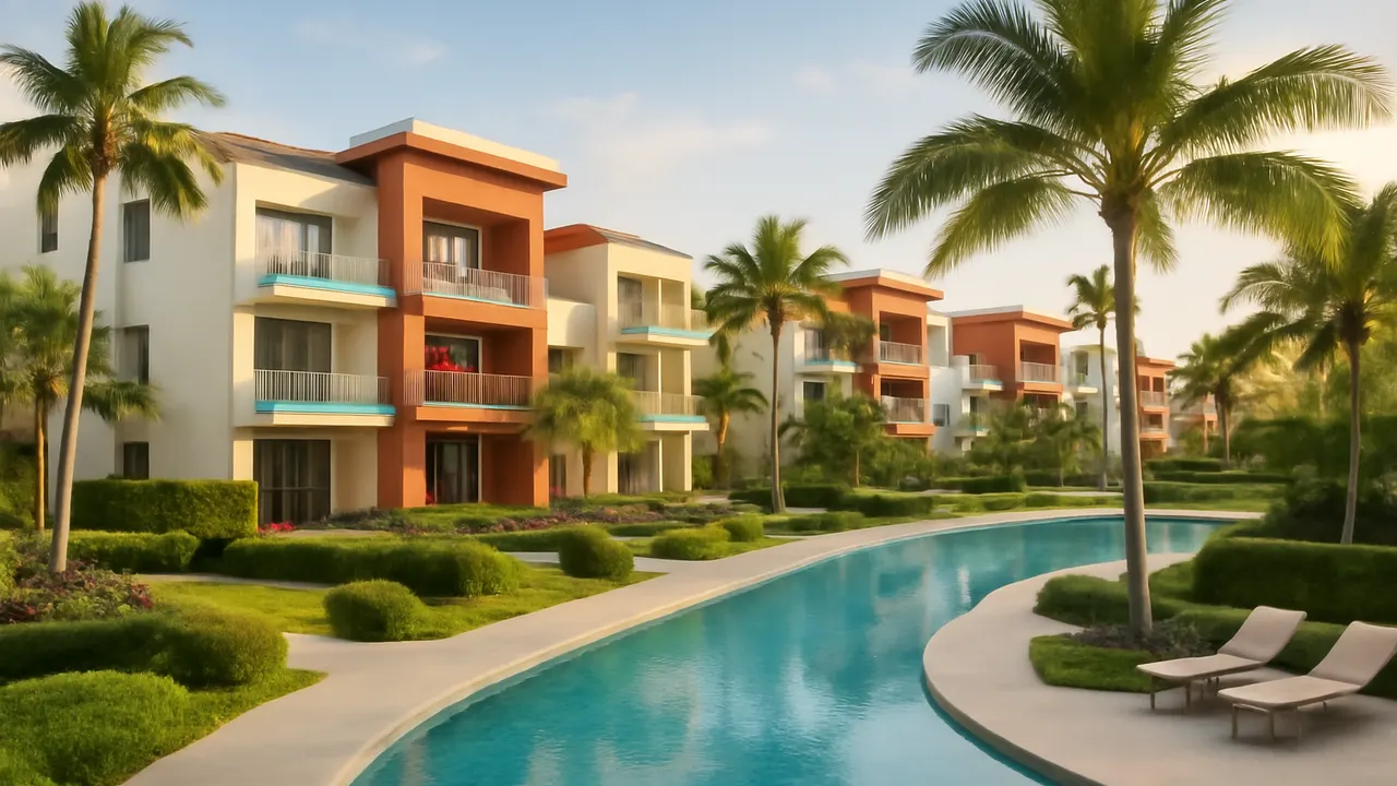 Comunidad residencial de lujo en Punta Cana con jardines y piscina, representando los gastos anuales clave asociados a la propiedad en Punta Cana