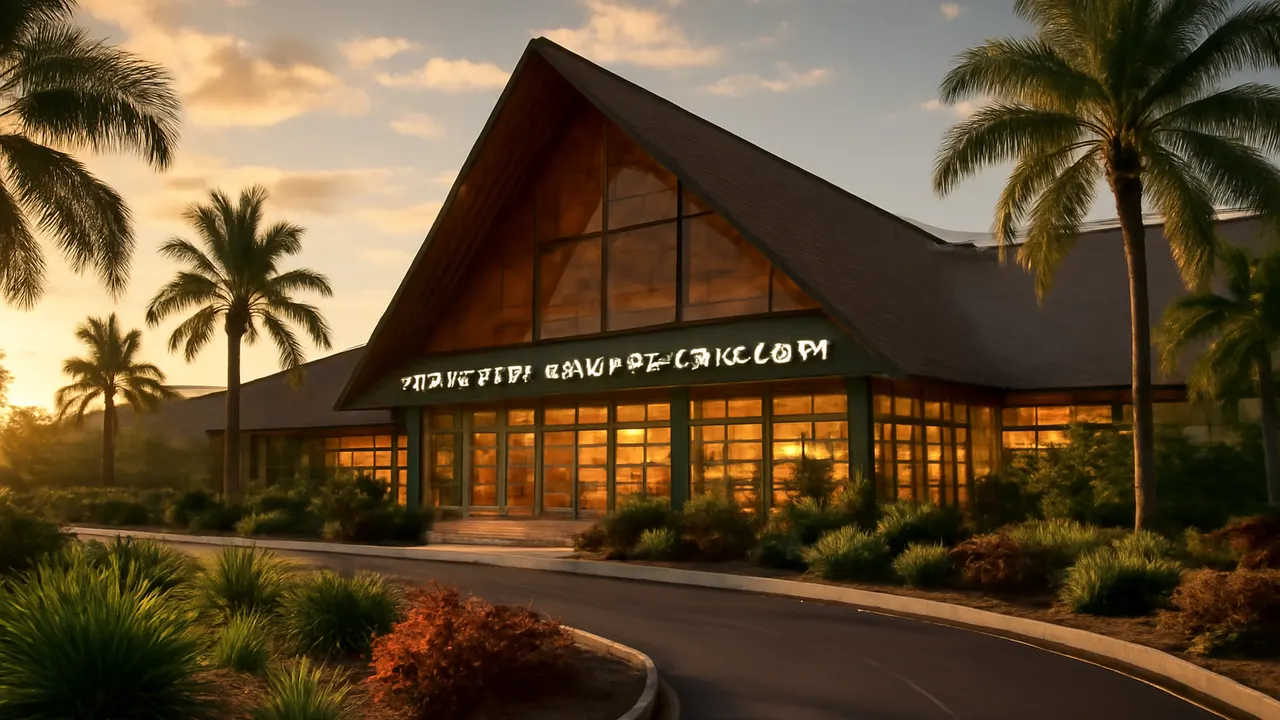 Aeropuerto Internacional de Punta Cana al atardecer con iluminación cálida y vegetación tropical, símbolo del crecimiento turístico 2026