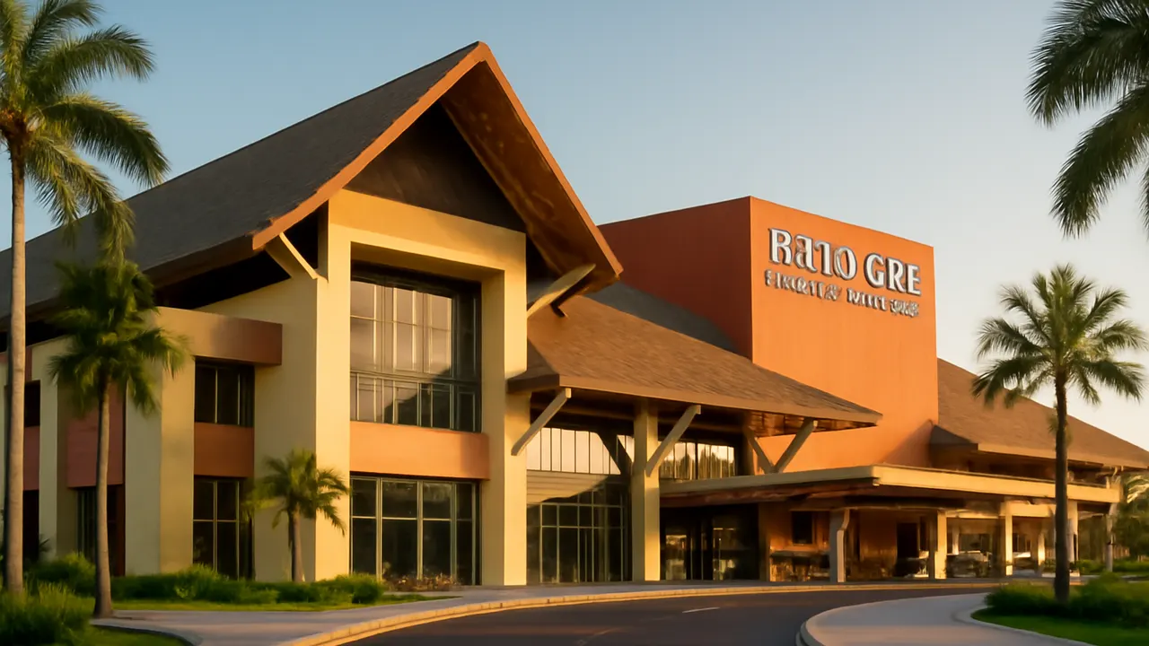 Terminal del Aeropuerto Internacional de Punta Cana al atardecer mostrando arquitectura moderna y palmeras, simbolizando crecimiento y conectividad